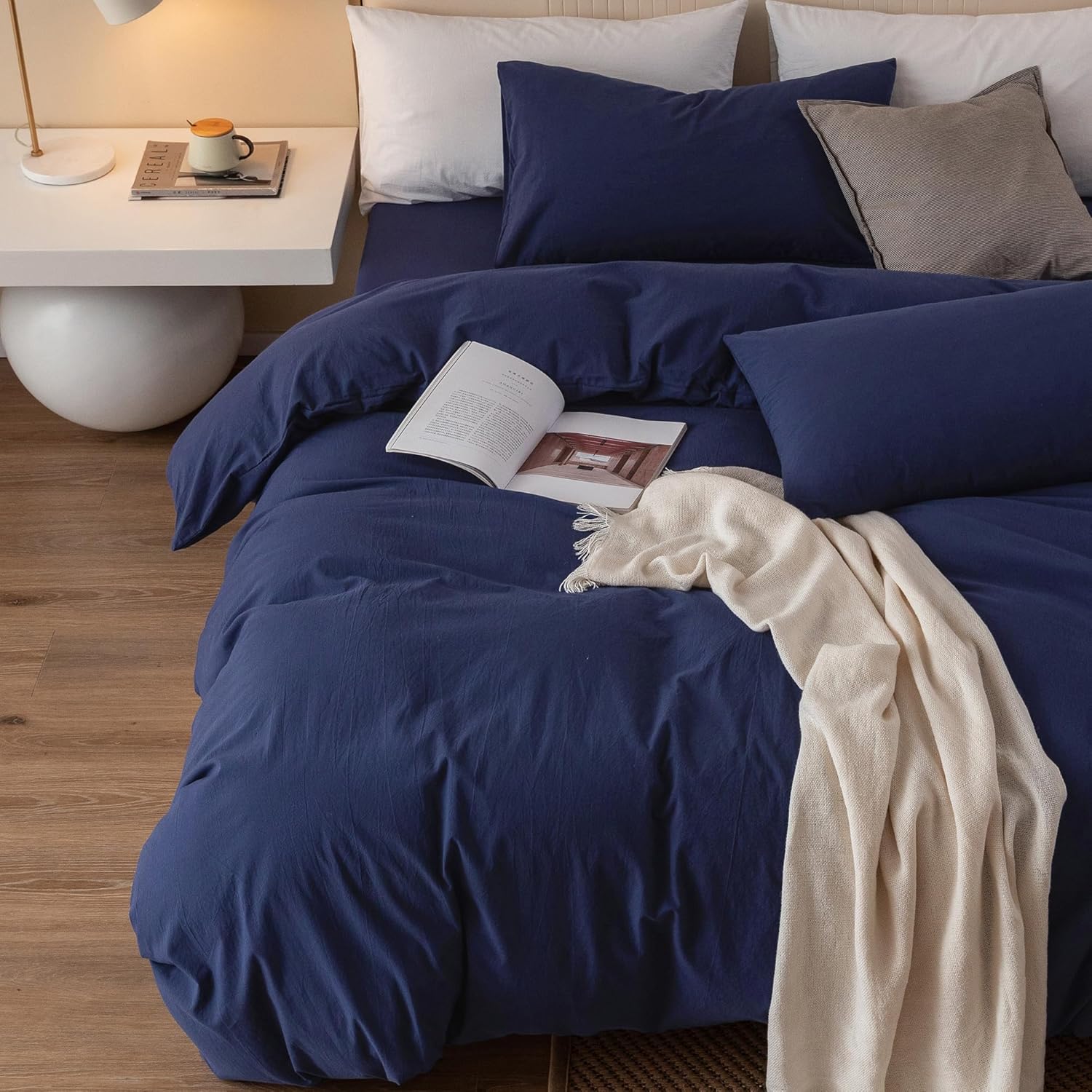 JIYUAN 100% Washed Cotton Duvet Cover Set 3 Pieces Cal King, 1 Duvet Cover 104x98 Inches(Comforter Not Included) and 2 Pillowcases,Linen Feel Bedding Set Comfy and Breathable,Navy Blue Navy Blue(no Comforter) California King(104"x98") image 2 of 7 B0CFKMNM9Y