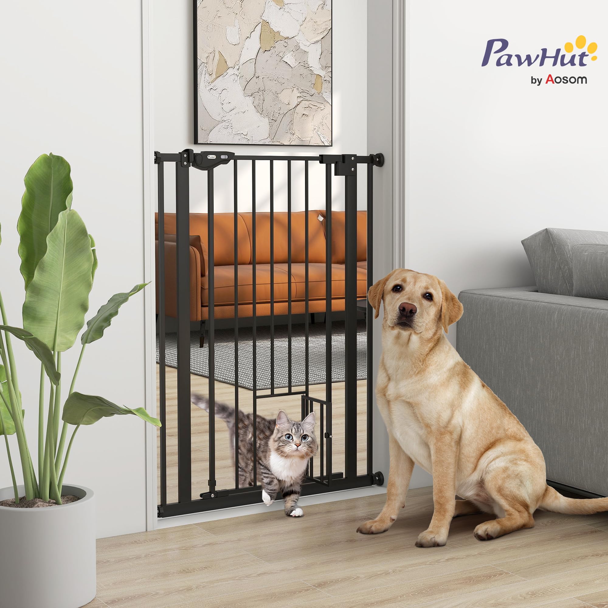 PawHut Protector de Puerta para Perros, Protector de Escalera, 74-80 cm Protector de Puerta para Perros, Protector de Escalera, Puerta de Seguridad, Cierre automático, Acero, Negro