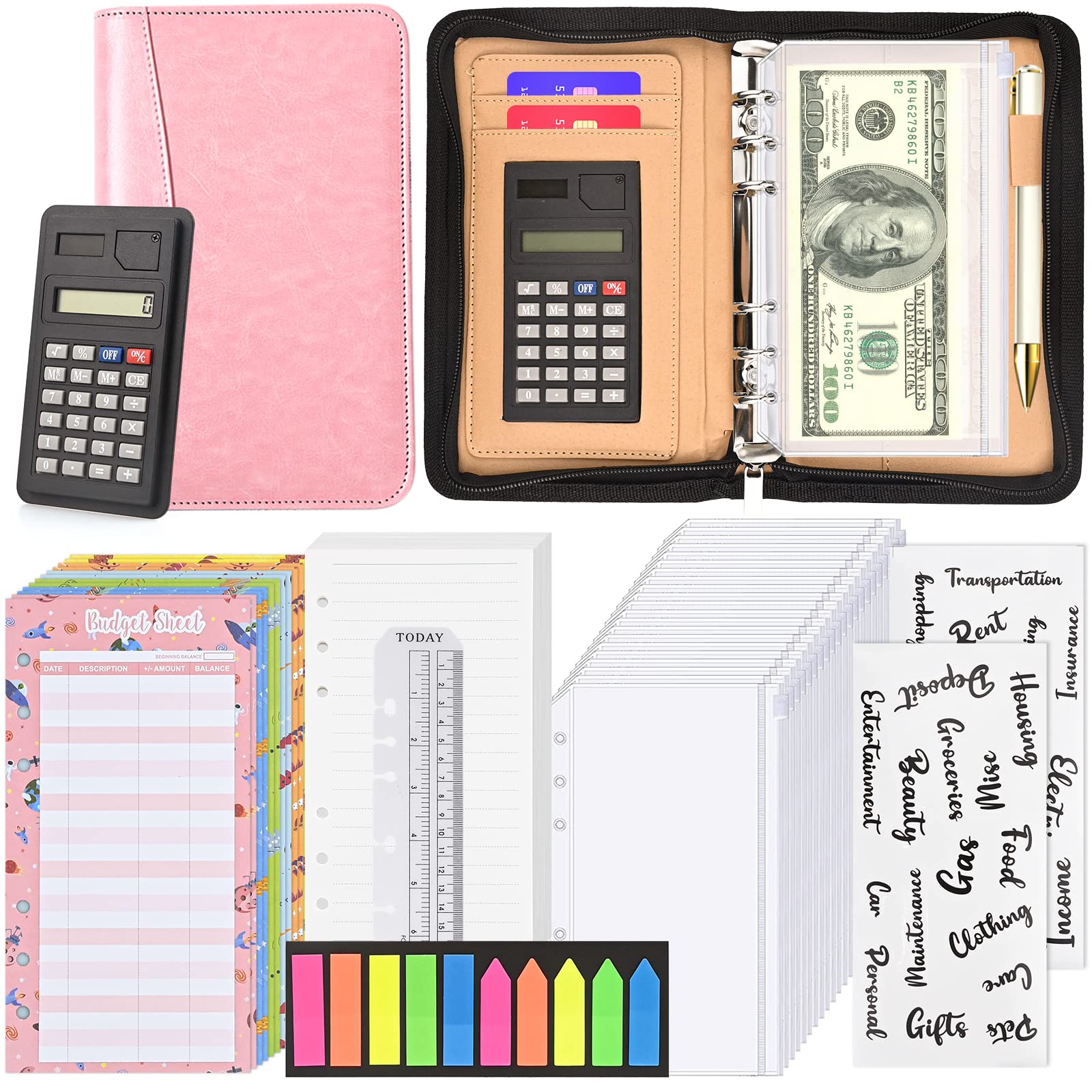 A6 Budget Binder mit Reißverschluss, mit 12 Pcs Binder Taschen, 12 Budgetplanungsblätte, 80 Budget-Beilagen, Englische Aufkleber, Lineal und Haftnotizen, Für Financial Planner