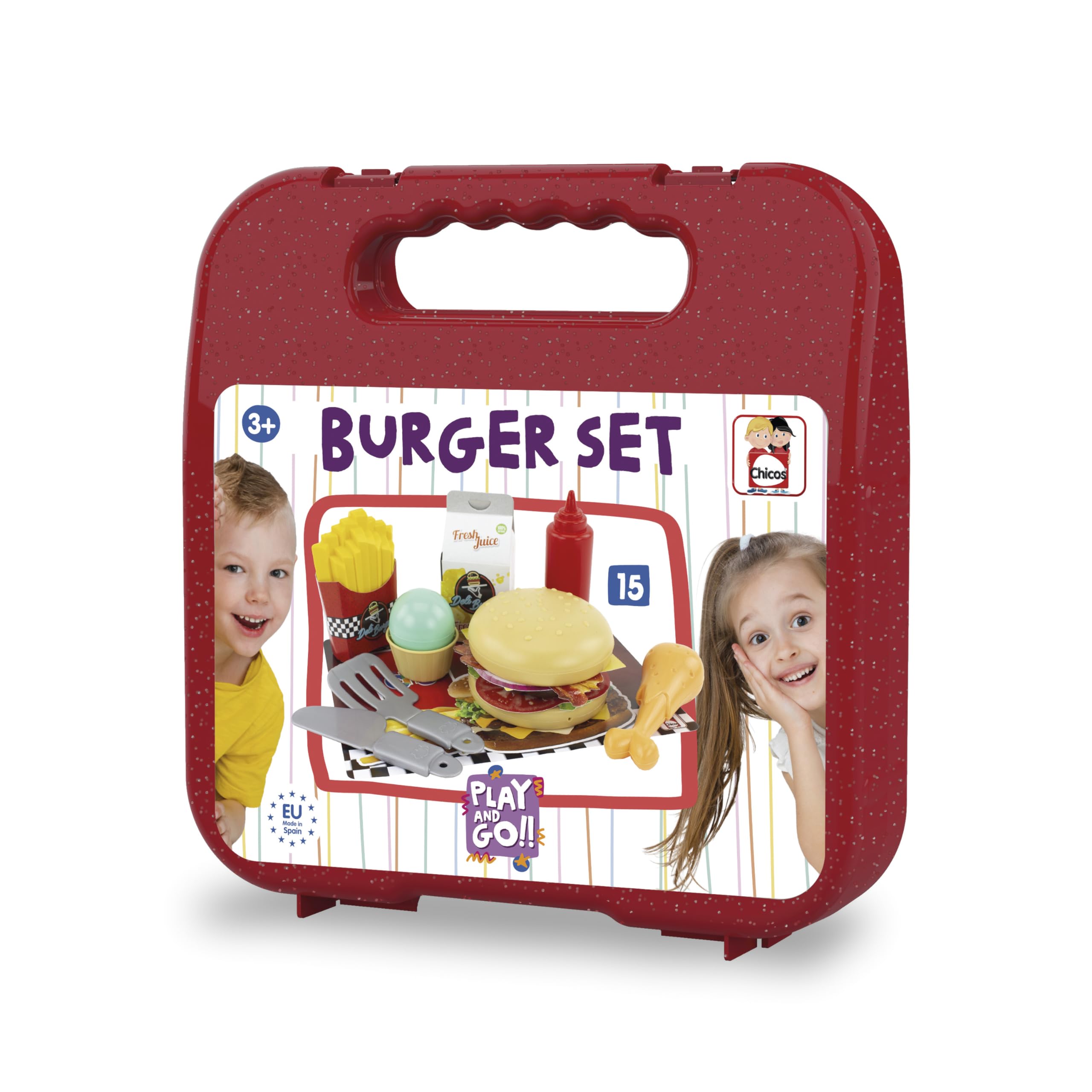 Chicos - Burger Kit Play and Go chef case | Portable set with accessories to prepare a pretend hamburger, hours of fun | For ages 3 to 7 years (87104)