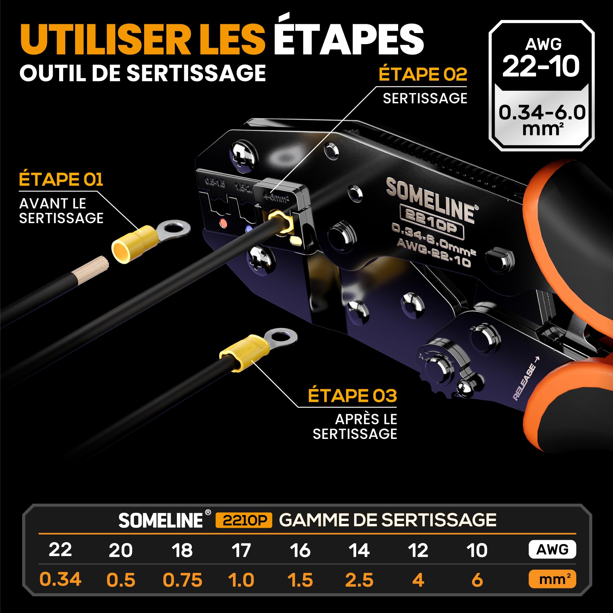 SOMELINE Pince à Sertir, Pince à Sertir Cosse Electrique 0,34-6 mm² avec 39 Tailles de Cosses Electriques à Sertir,avec Pince à Dénuder, Cosse à Sertir, Cosses de Câble Isolées, Pince Sertir Cosse