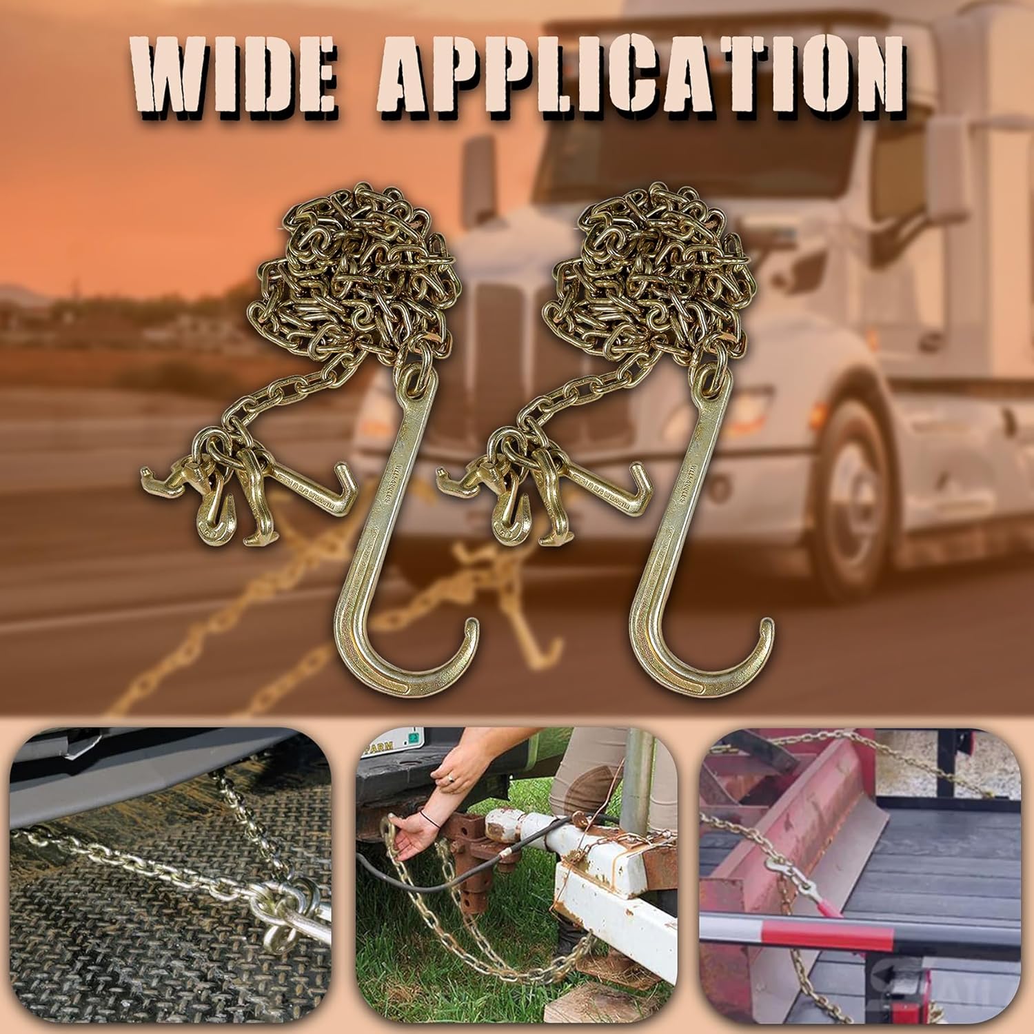 waltyotur 2PCS G70 5/16x10 Transport Tow Chain J Hook Long Shank w/R T J & Grab Hook Safe Working Load 3,700 lbs