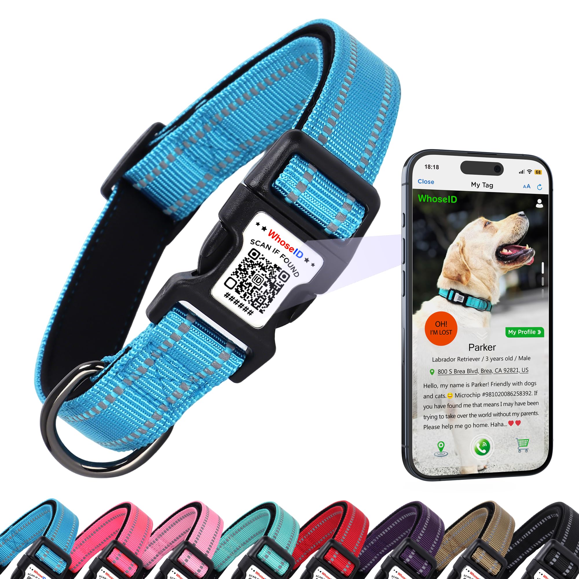 Dog Collar with QR Code, Reflective Pet Collar, Soft Neoprene Padded & Safety Locking Buckle Adjustable Dog Collar for Small Dogs(Blue,S)