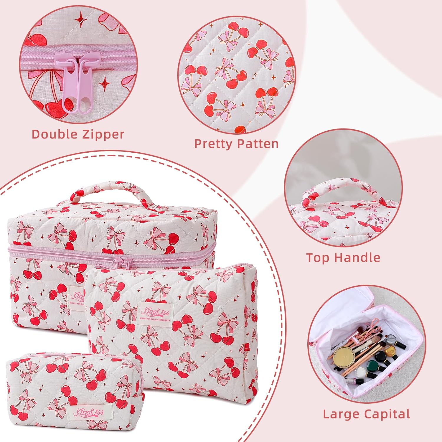 3-Piece Quilted Makeup Bag, Large Cute Coquette Pink Makeup Bag Set, Aesthetic Cosmetic Bags for Women, Travel Toiletry Bag Organizer with Zipper (Cherry Bow) - Image 3