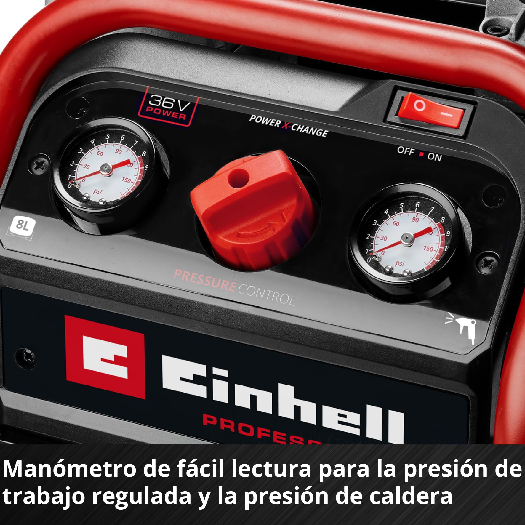 Compresor con batería SILENZZO 36/210 Einhell Professional Power X-Change (36 V, máx. 8 bar, depósito de 8 l, potencia de aspiración 210 l/min, manómetro, sin aceite, silencioso, sin batería)