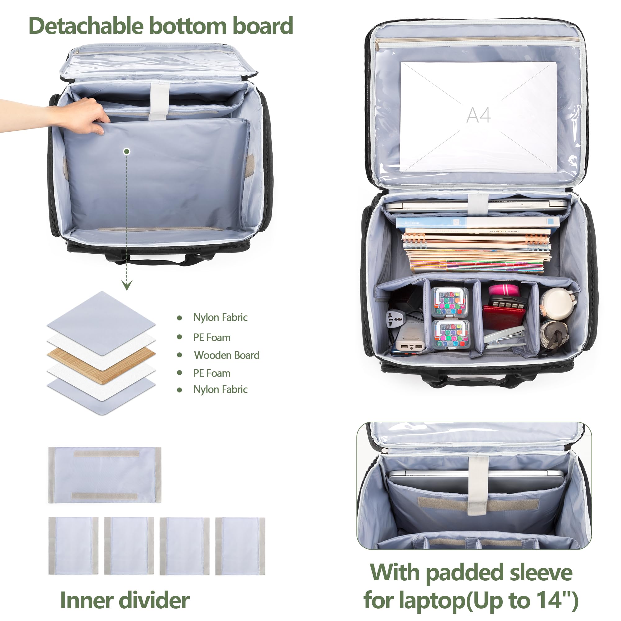CURMIO Sac de Travail pour Enseignant, Mallettes à roulettes pour Ordinateur Portable 14'', Sacoche Trolley Multifonction pour l'enseignement, Le Bureau, l'artisanat, Noir