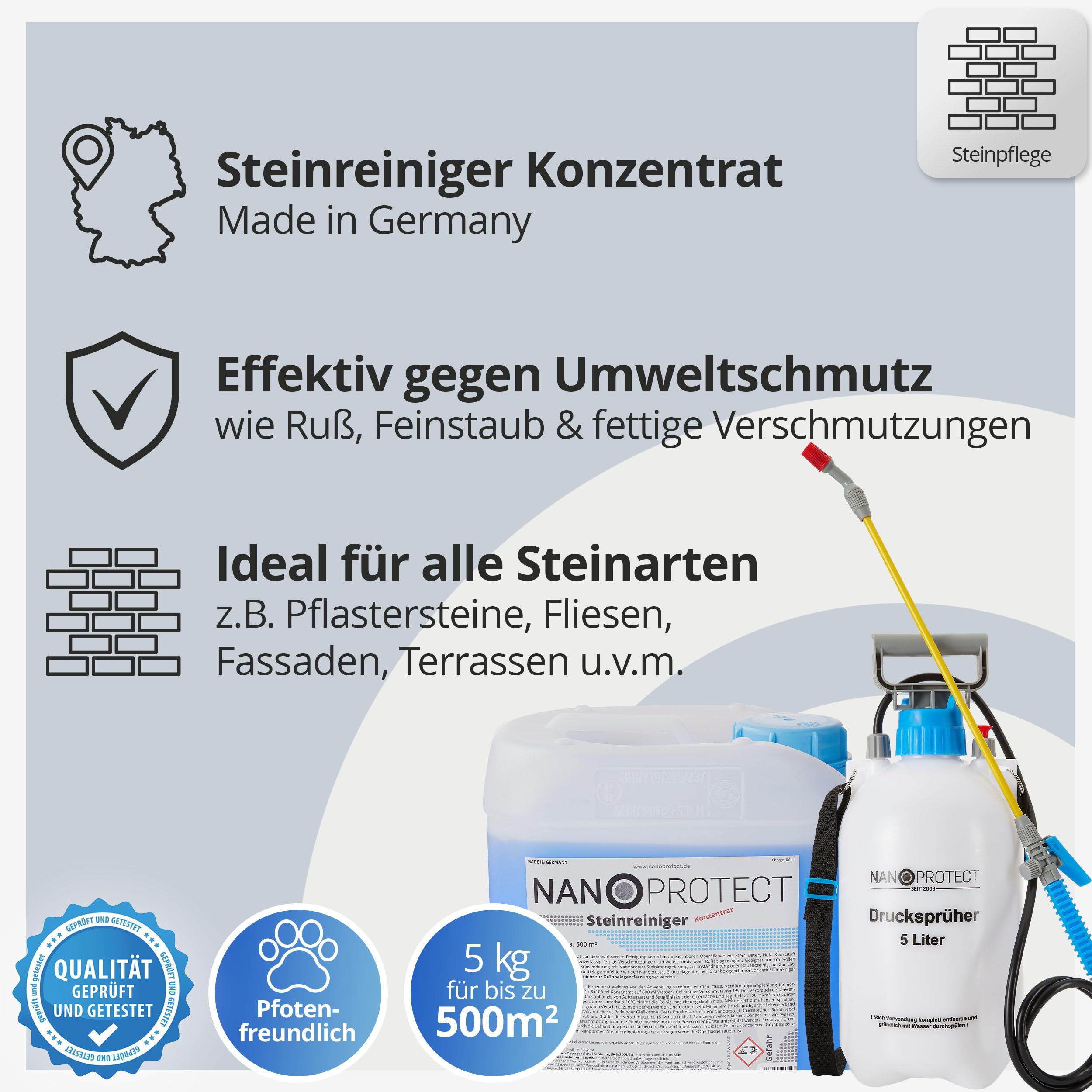 Nanoprotect Steinreiniger Konzentrat | 5 kg inkl. Drucksprüher | Für ca. 500 m² | Intensivreiniger für Außenanlagen | Ideal für Haus, Hof und Garten