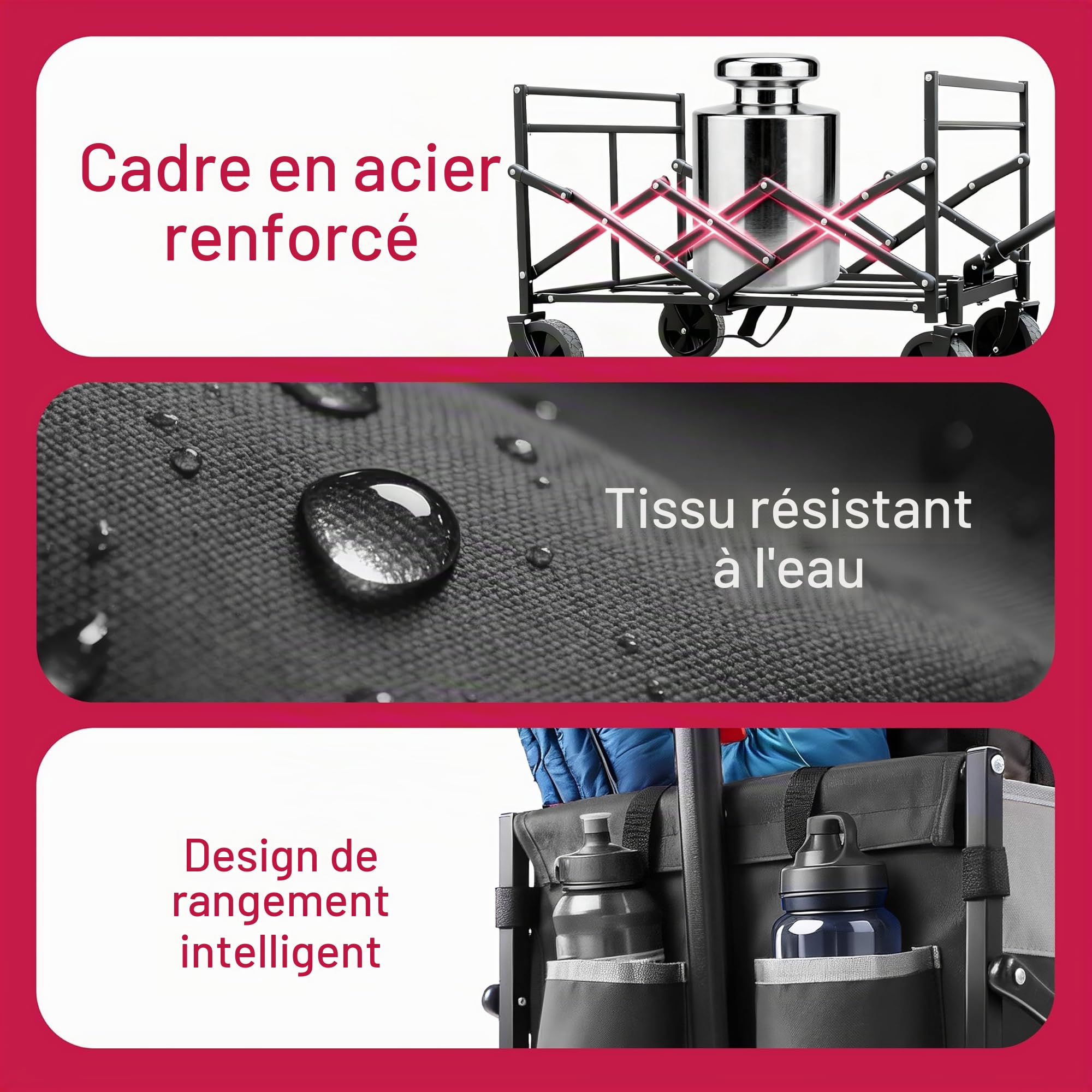 SYNCFUM Chariot de chariot pliable avec roues, robuste, 250 kg, avec poignée flexible, chariot utilitaire de plage pour jardin, camping et noir