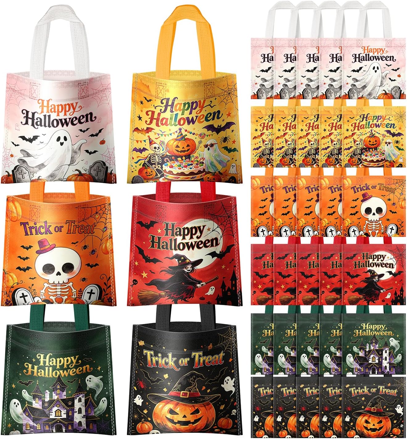 24Pcs Halloween Non-Woven Trick or Treat Candy Bags, Small 8.3×8.7 Inch Reusable Treat Gift Totes with Sturdy Handles, Cute Ghost Pumpkin Skeleton Witch Prints for Kids Halloween Party Favor Supplies