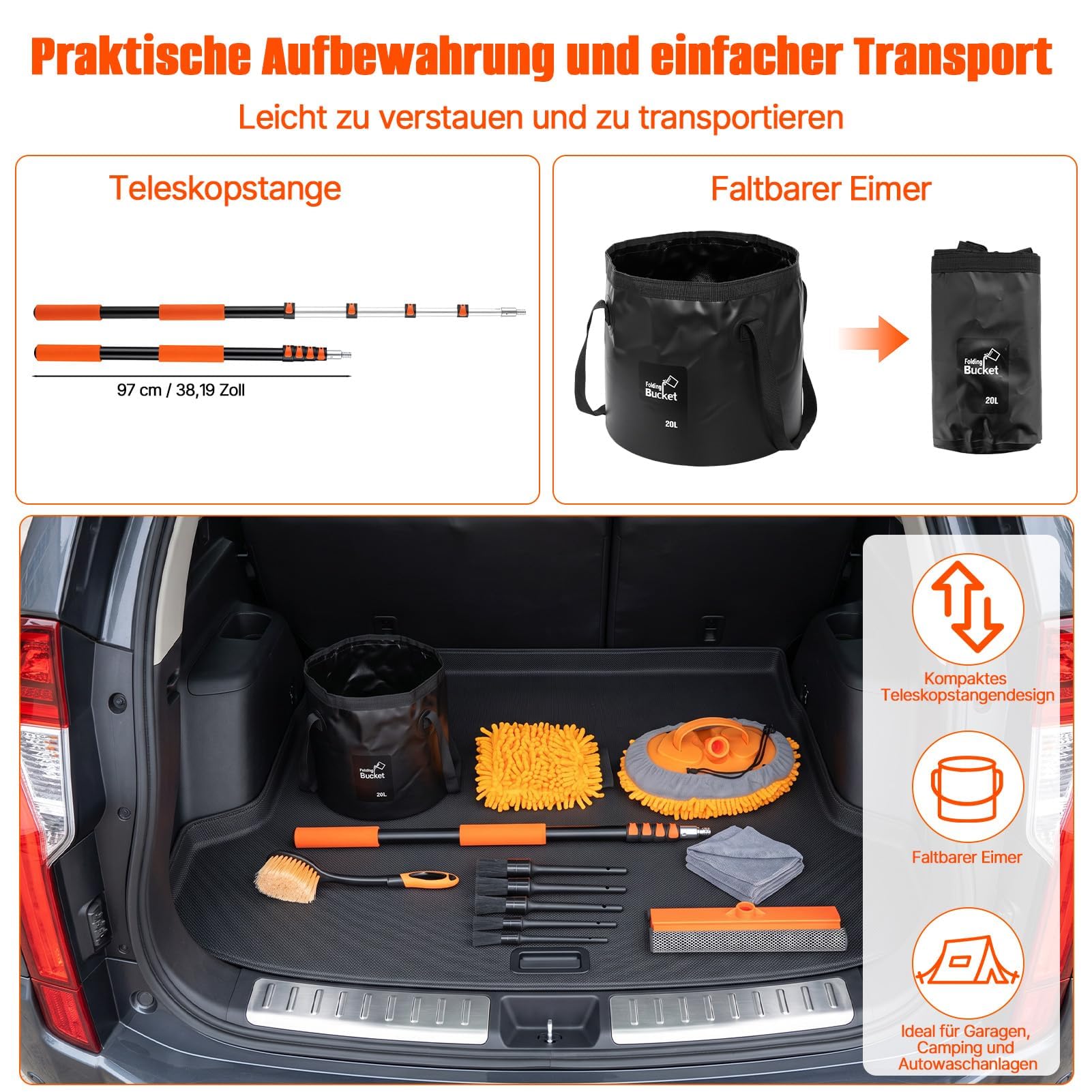 Autowaschbürste mit Teleskopstiel–3,6 m Alu-Teleskopropeller,Multifunktions