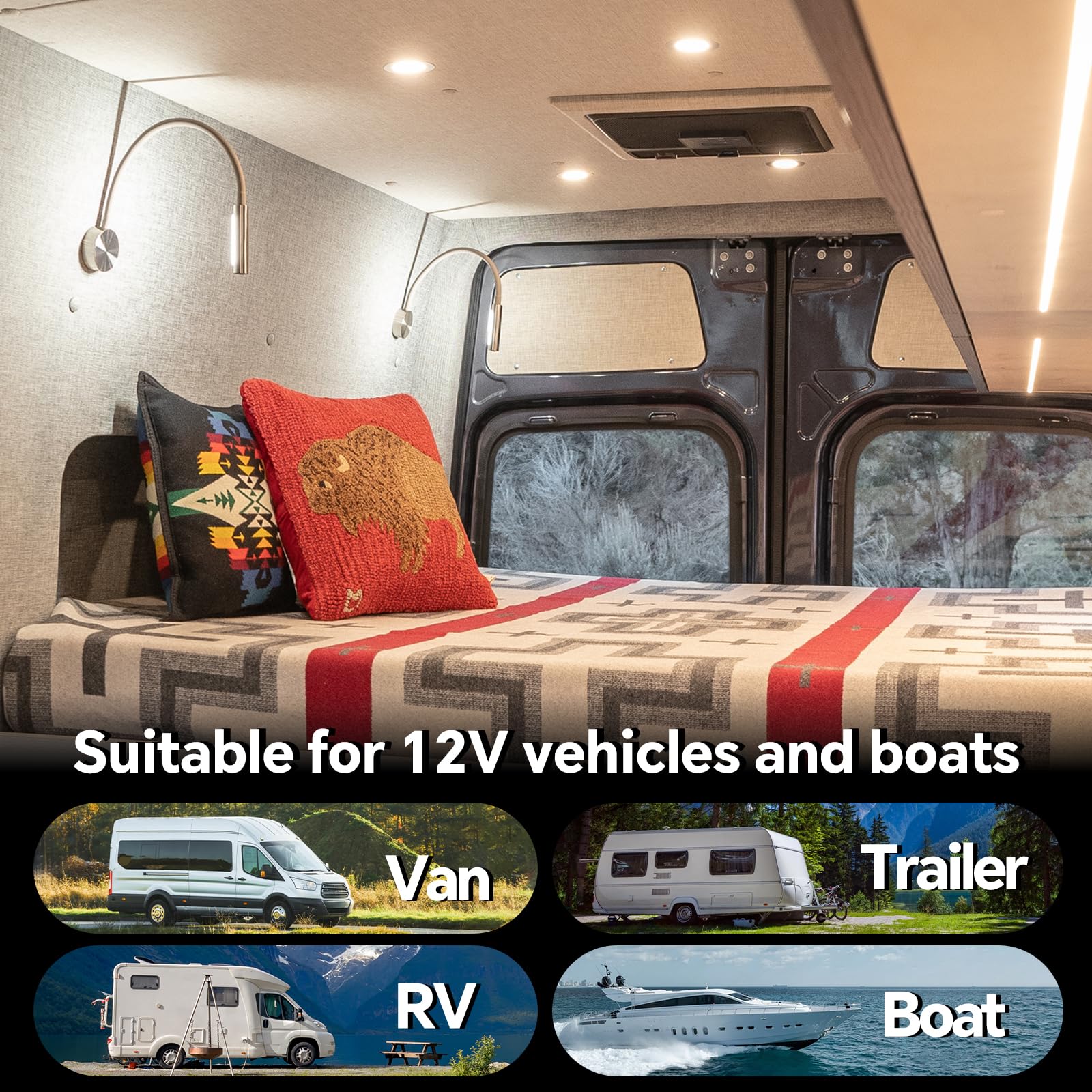 acegoo Lampada da Lettura 12V Camper con Caricatore USB&Luce notturna rossa LED Dimmerabile 4000K DC12-24V, Flessibile e Collo D'Oca per Caravan Furgone Barca Camion Illuminazione Interna