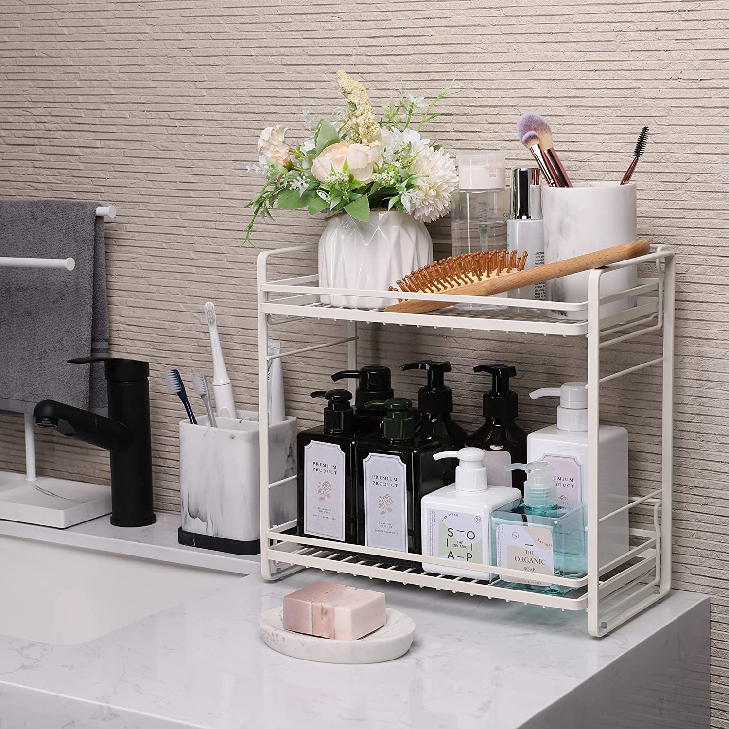 zccz Organizzatore da banco per il bagno a 2 livelli - Scaffale per il bagno - Scaffale per Cosmetici - Vassoio portatrucchi - Portaspezie da cucina Cestello per doccia, Bianco