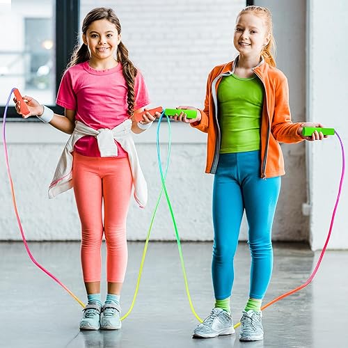 Miniatura 5 de Cuerda de saltar para niños, cuerdas de saltar de nailon degradado coloridas para niños, longitud ajustable de 7.55 pies, asas de plástico, cuerdas