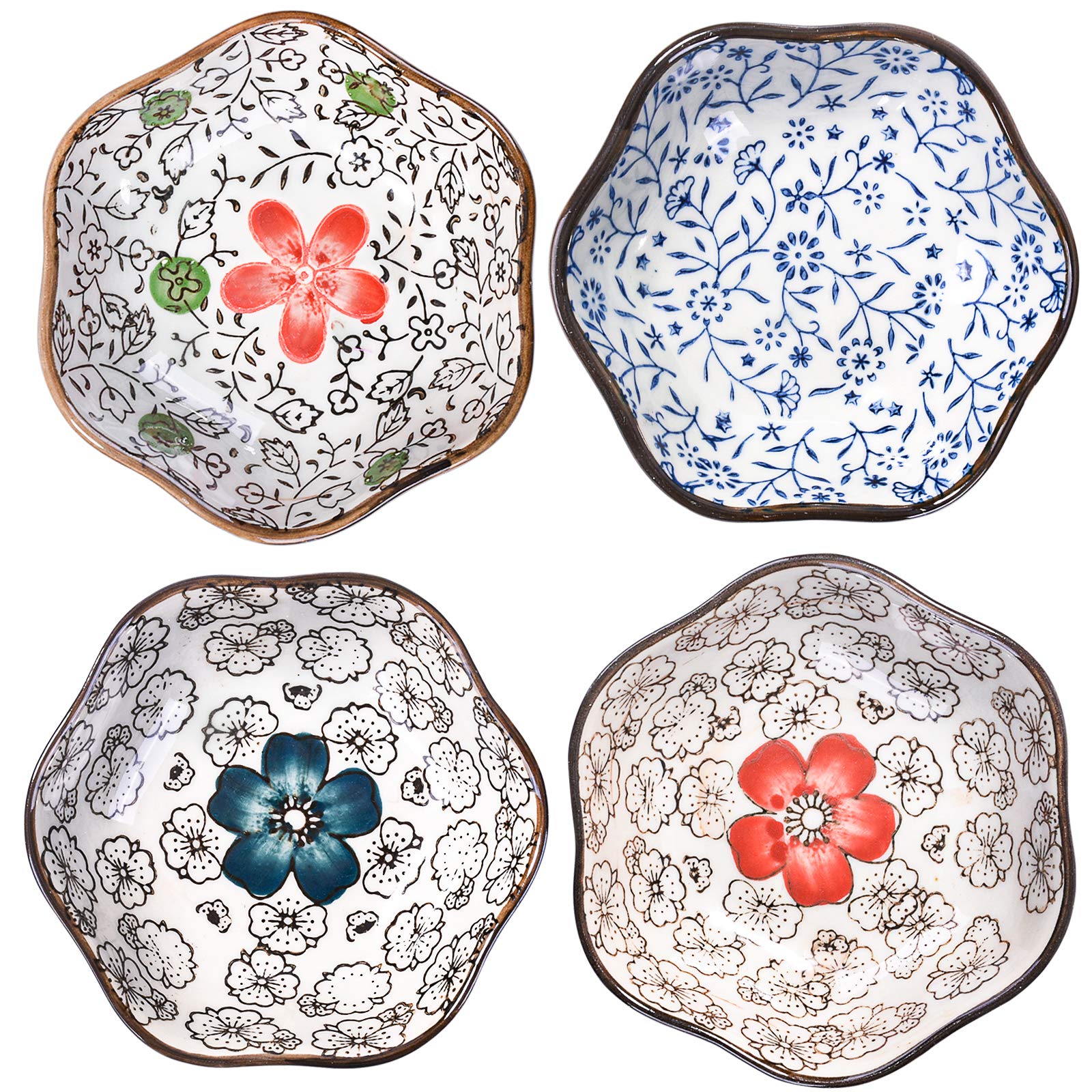 Japanese Style Soy Sauce Dishes Set of 4, Ceramic 4-inch Plum Flower Dishe Serving for Dumpling, Side Dish, Sushi (4)