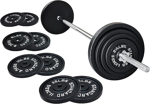 Fitvids Barbell Weight Set, Cast Iron 1" Standard Weight Plates Including 5FT Standard Barbell Bar & Star Locks, 95 Pounds Set (85 Lbs Plates + 10