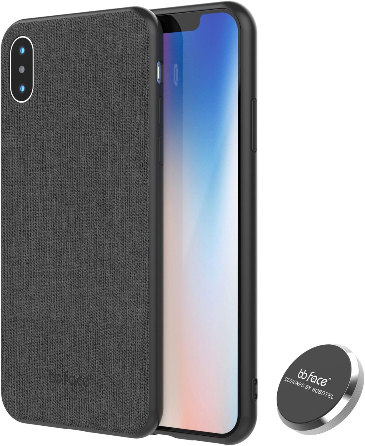 for iPhone Xs Magnetic Case,Fabric Pattern Phone Cover with Magnet Back Shock Absorption Protective Hard Shell Car Mount Magnet Case for iPhone Xs(Black)