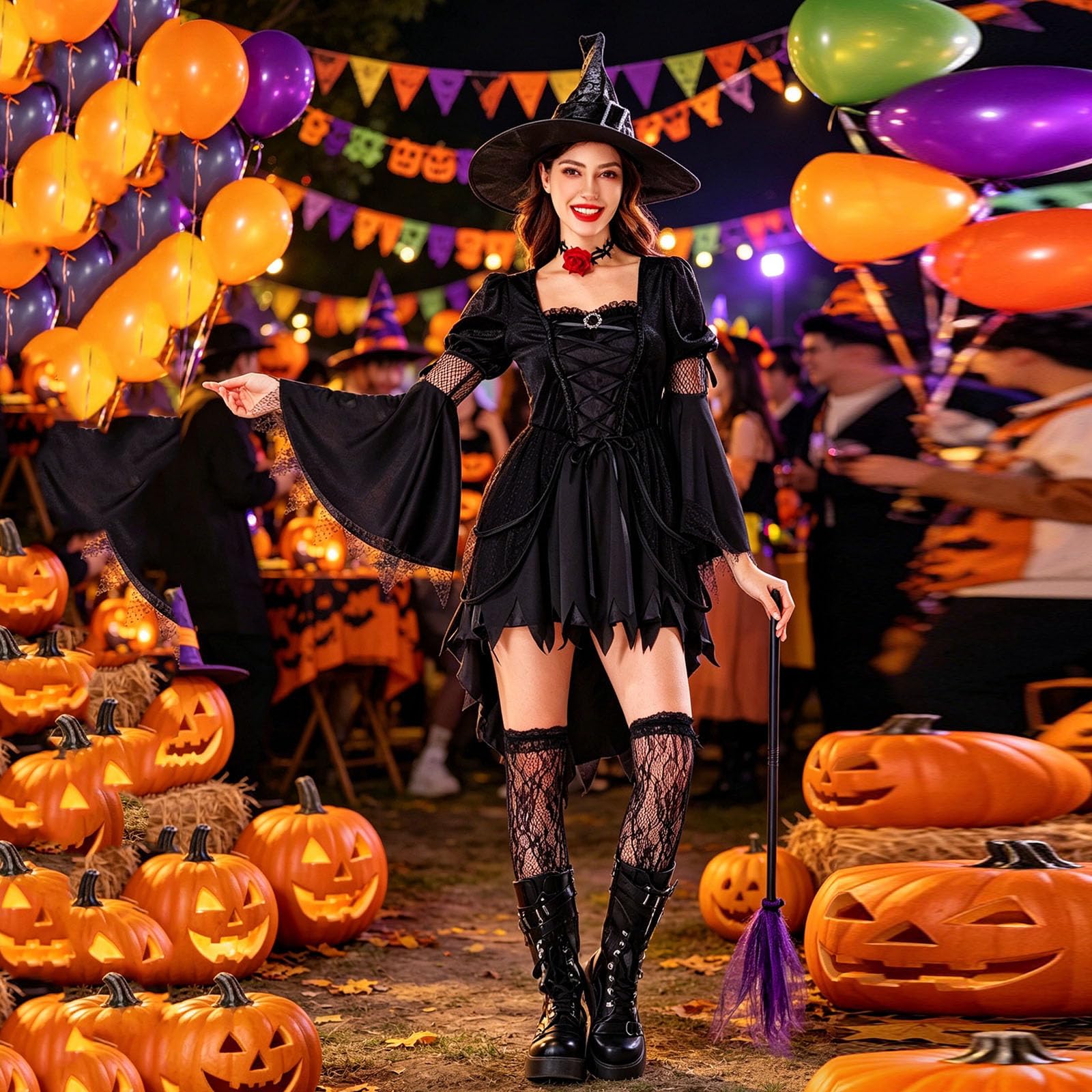 Vestido Gótico Mujer Terciopelo Volantes Encaje Falda Amplia Manga Larga Campana Vestido de Fiesta Temático Halloween Disponible Temporada Época Renacimiento con Cinturón Corsé Ajustable Ancho Retro