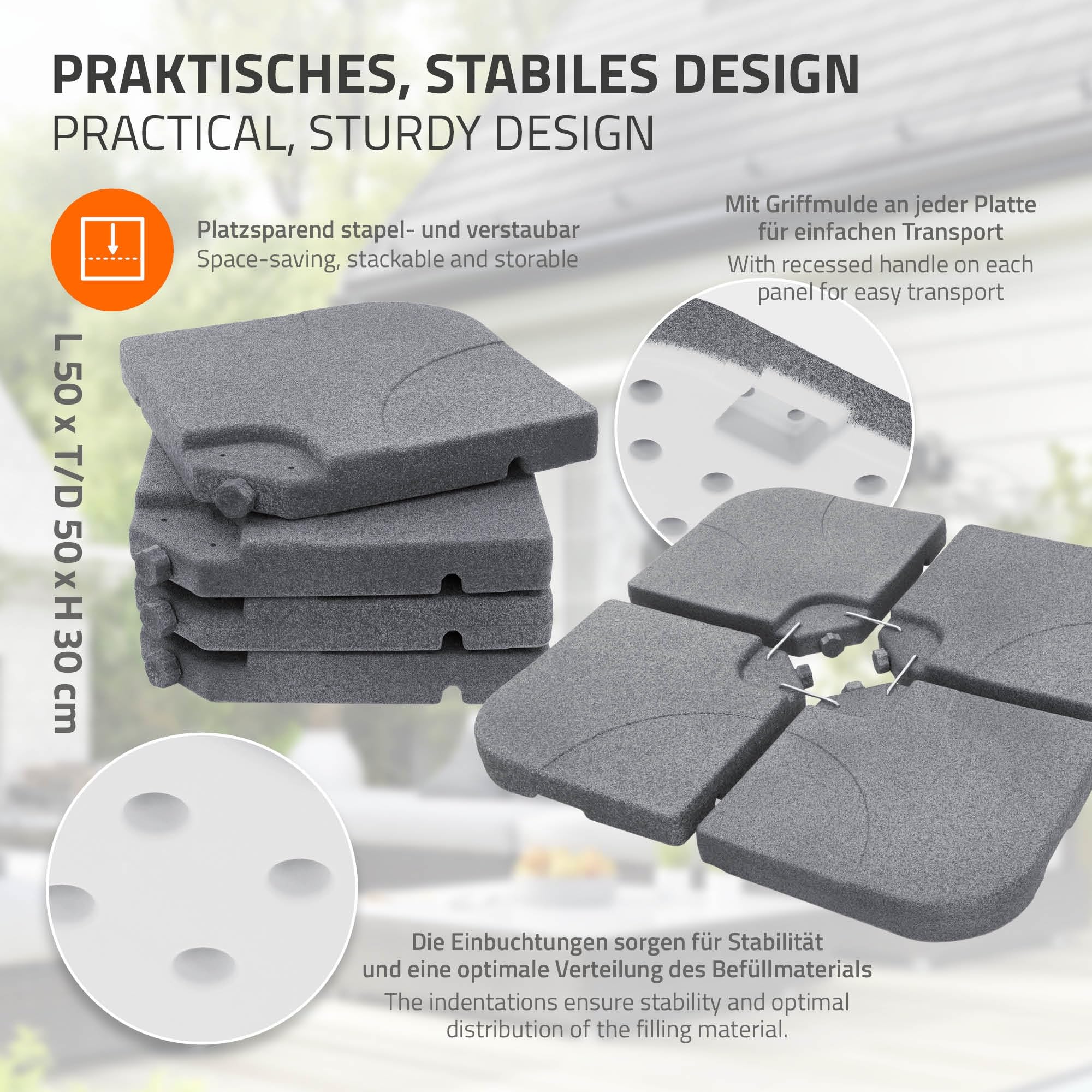ML-Design 4-czesciowa podstawa parasola ogrodowego zestaw obciazników 60L / 80 kg do podstawy krzyzowej wypelnienie woda lub piaskiem wyglad kamienia odporna na warunki atmosferyczne metalowe laczniki