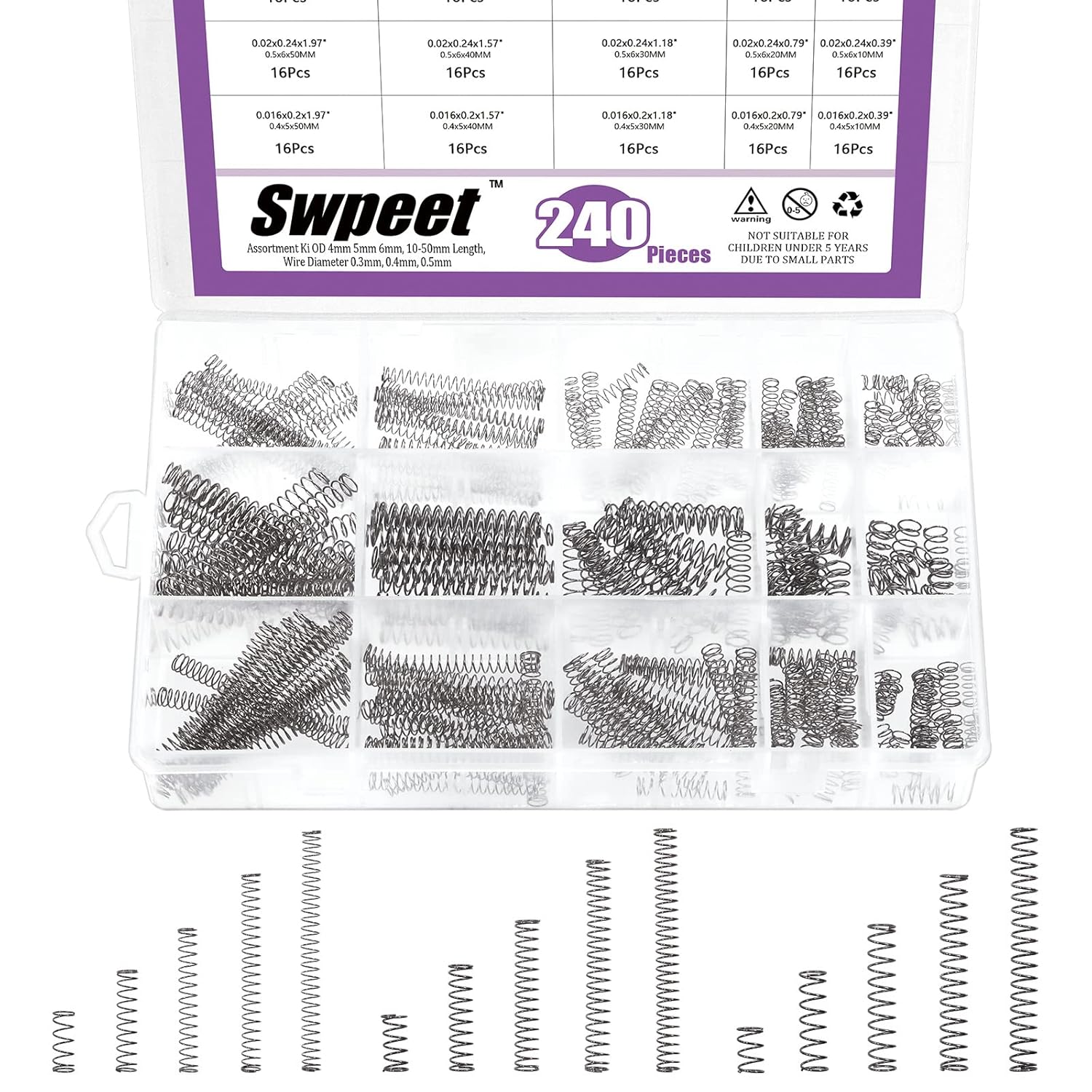 Swpeet 240Pcs 15 Different Sizes Stainless Steel Compression Springs Assortment Kit, Mini Stainless Steel Extension Springs for Shop and Home Repairs, 0.39" to 1.97" Length, 0.16" to 0.24" OD