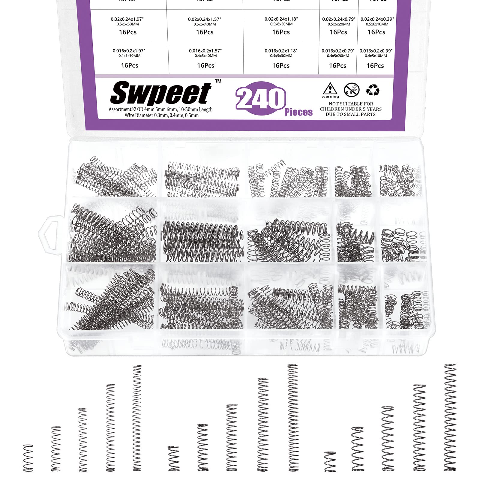 Swpeet 150Pcs 5 Sizes Compression Springs Assortment Kit, Mini Stainless Steel Extension Springs for Shop and Home Repairs, 0.39" to 1.97" Length, 0.24" OD, 10mm - 50mm Length, 6mm OD — Amazon image 10