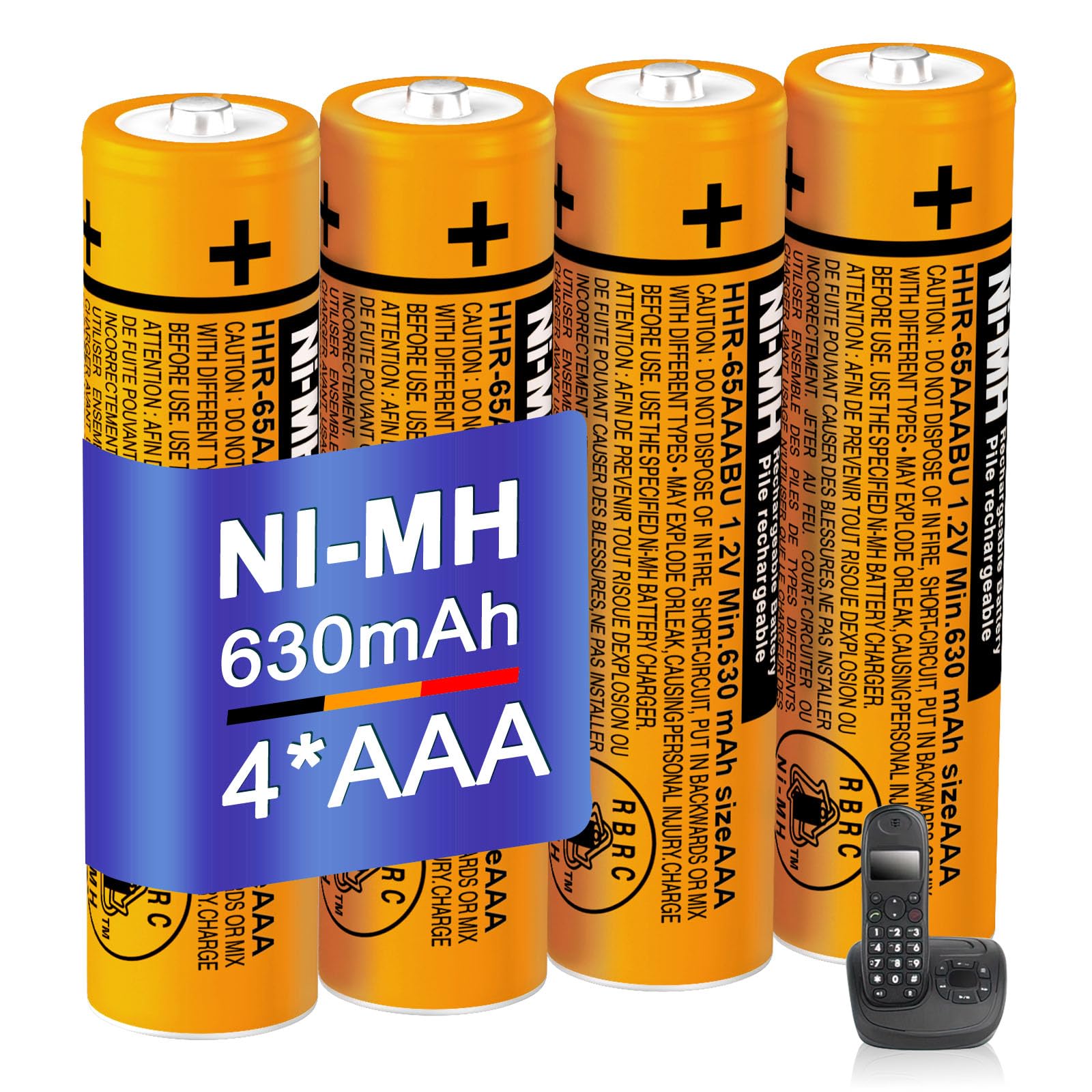 HHR-65AAABU Lot de 4 piles rechargeables NI-MH AAA 630 mAh 1,2 V pour téléphones sans fil Panasonic Gigaset BT