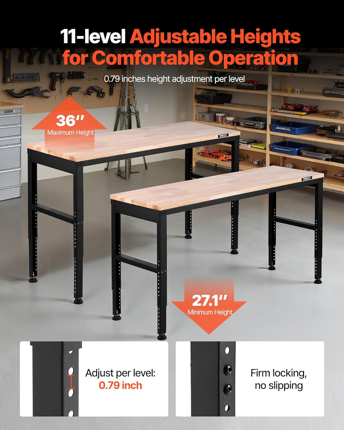 VEVOR Adjustable Workbench, 2000 lbs Capacity, 61 x 20-inch Heavy Duty Work Bench with 27.1-36 Inches Height Adjustment, Garage Workbench with Power Outlets, Suitable for Office, Garage, Workshop - Image 3