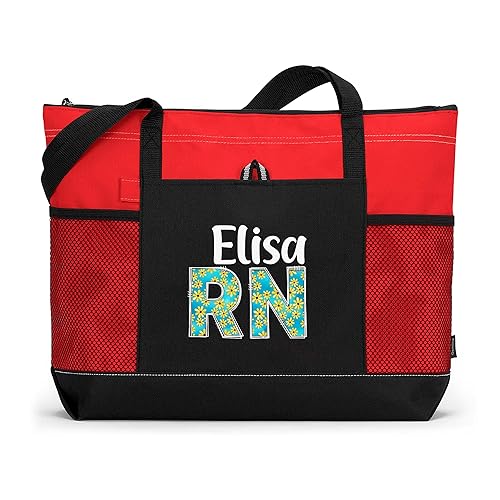 Miniatura 4 de Personalized Nurse RN LPN CNA CMA Tote Bag with Mesh Pockets, Custom Printed Daisy Doodle Letters