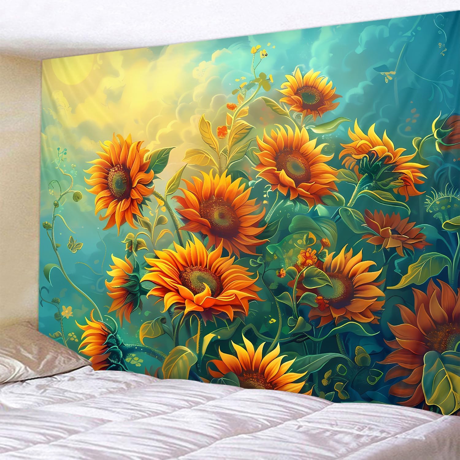 WODEJIAFANG Aesthetic Wall Fabric Wallpaper Decor Tapestry，Sunflower Theme Office Background Room Divider for Bedroom, Outdoor Garden Aesthetic 3D Tapestries Size 78 * 59 inches