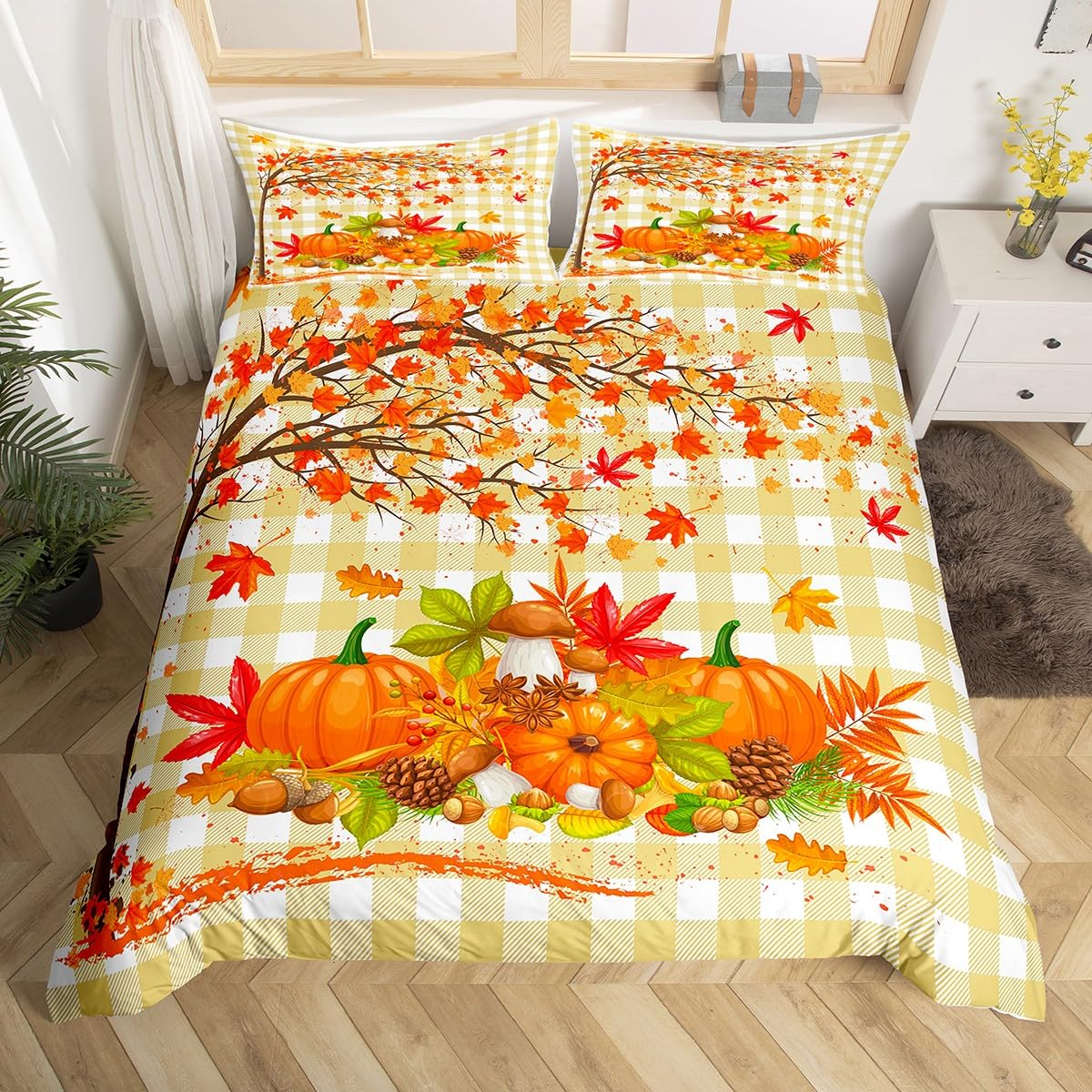 Maple Tree Duvet Cover Set King Size, Fall Pumpkin Fruits Leaves Bedding Set 3pcs for Kids Boys Room Decor, Autumn Harvest Plaid Comforter Cover Soft Polyester Quilt Cover with 2 Pillowcases