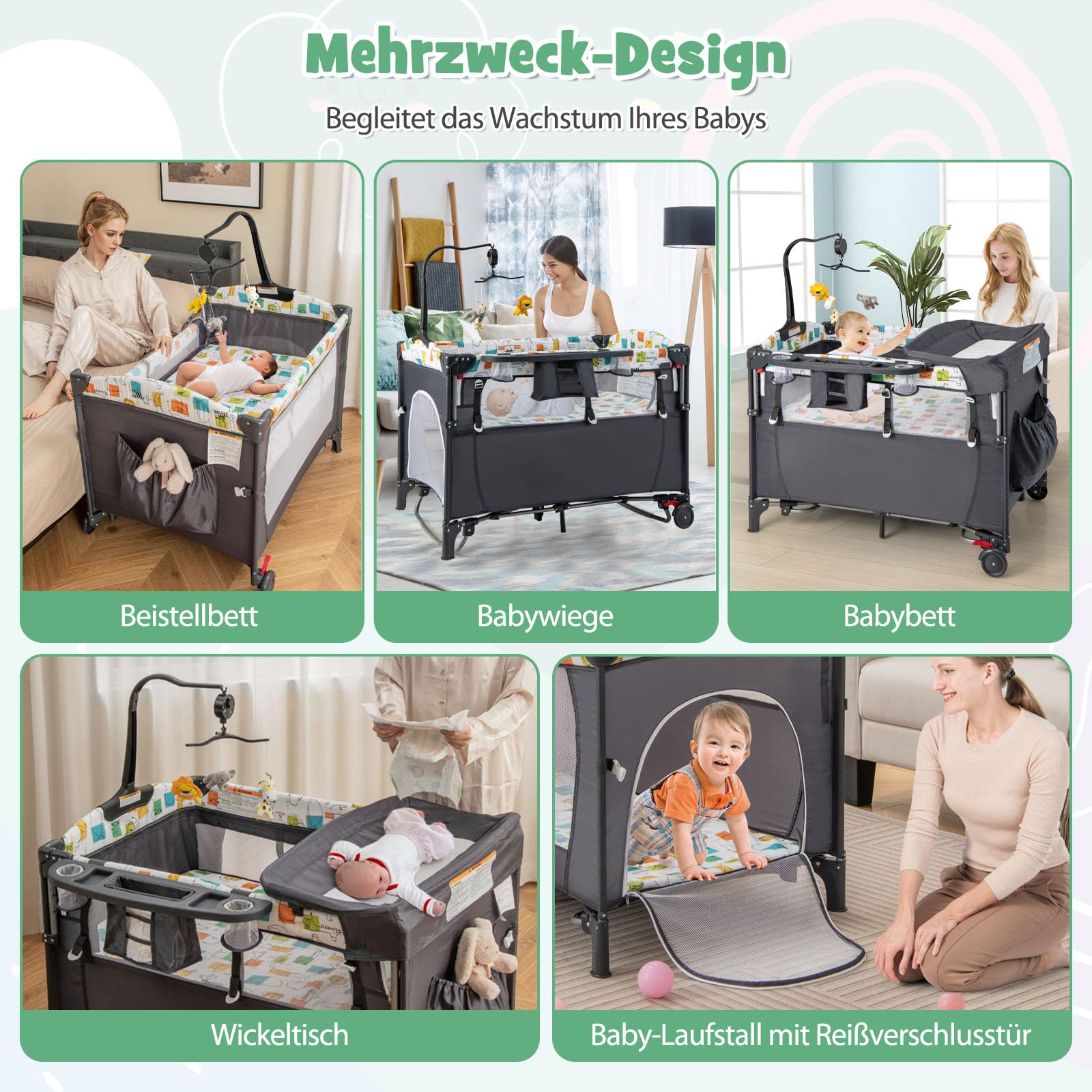 DREAMADE 5 in 1 Reisebett mit Matratze 120 x 60cm, Höhenverstellbar Beistellbett mit Wickeltisch, Spieluhr & Spielzeug, Babybett Babyschaukel für Baby ab Geburt (Grau)