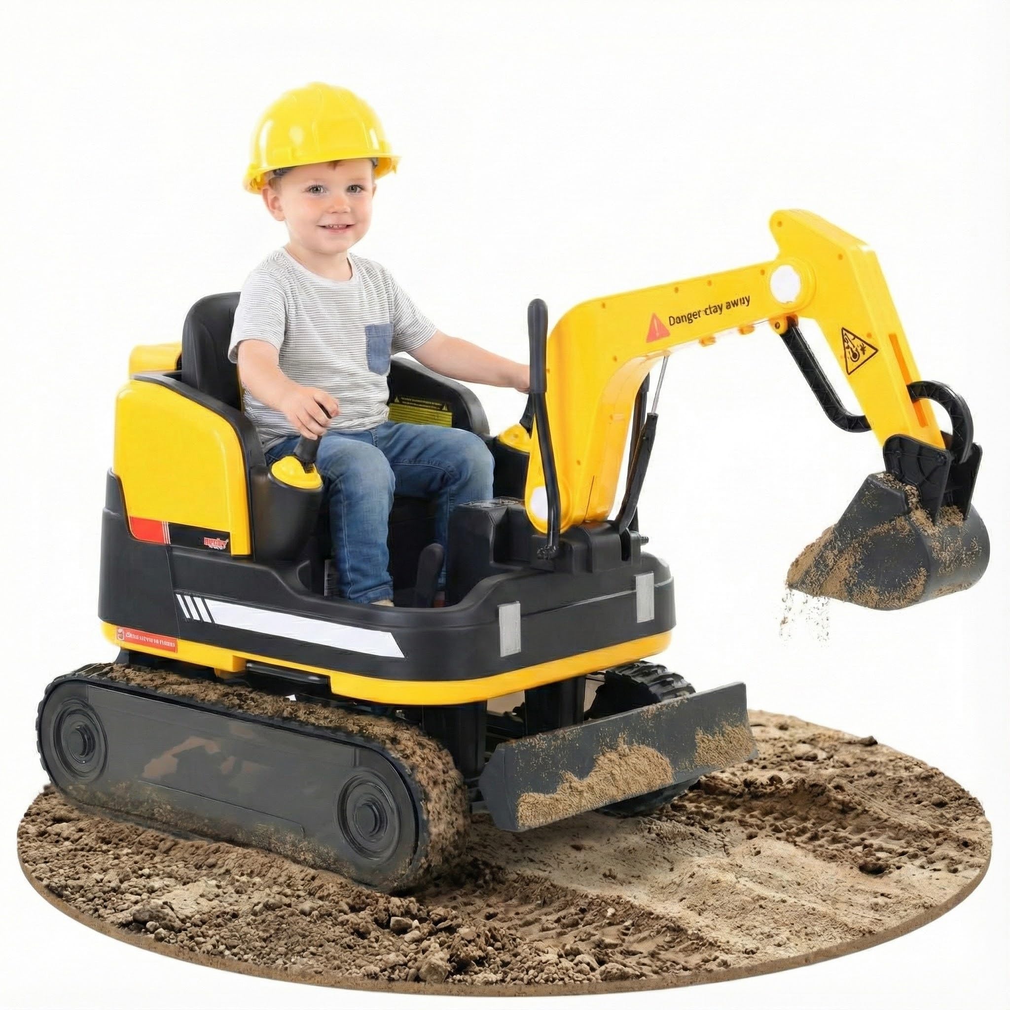 HECHT Elektro Kinderbagger 12V ab 3 Jahre bis 30 kg | Elektrischer Aufsitzbagger zum Draufsitzen, mit Fernbedienung, 2x50W Motor, Schaufel und Sound