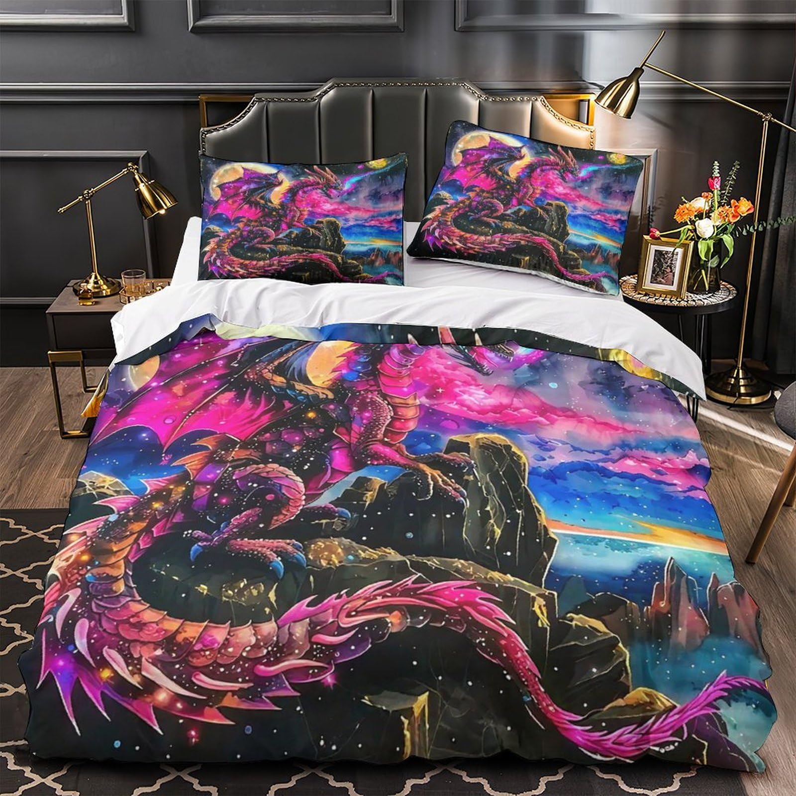 Housse de couette dragon 3D 200x200 cm en microfibre avec taies d'oreillers