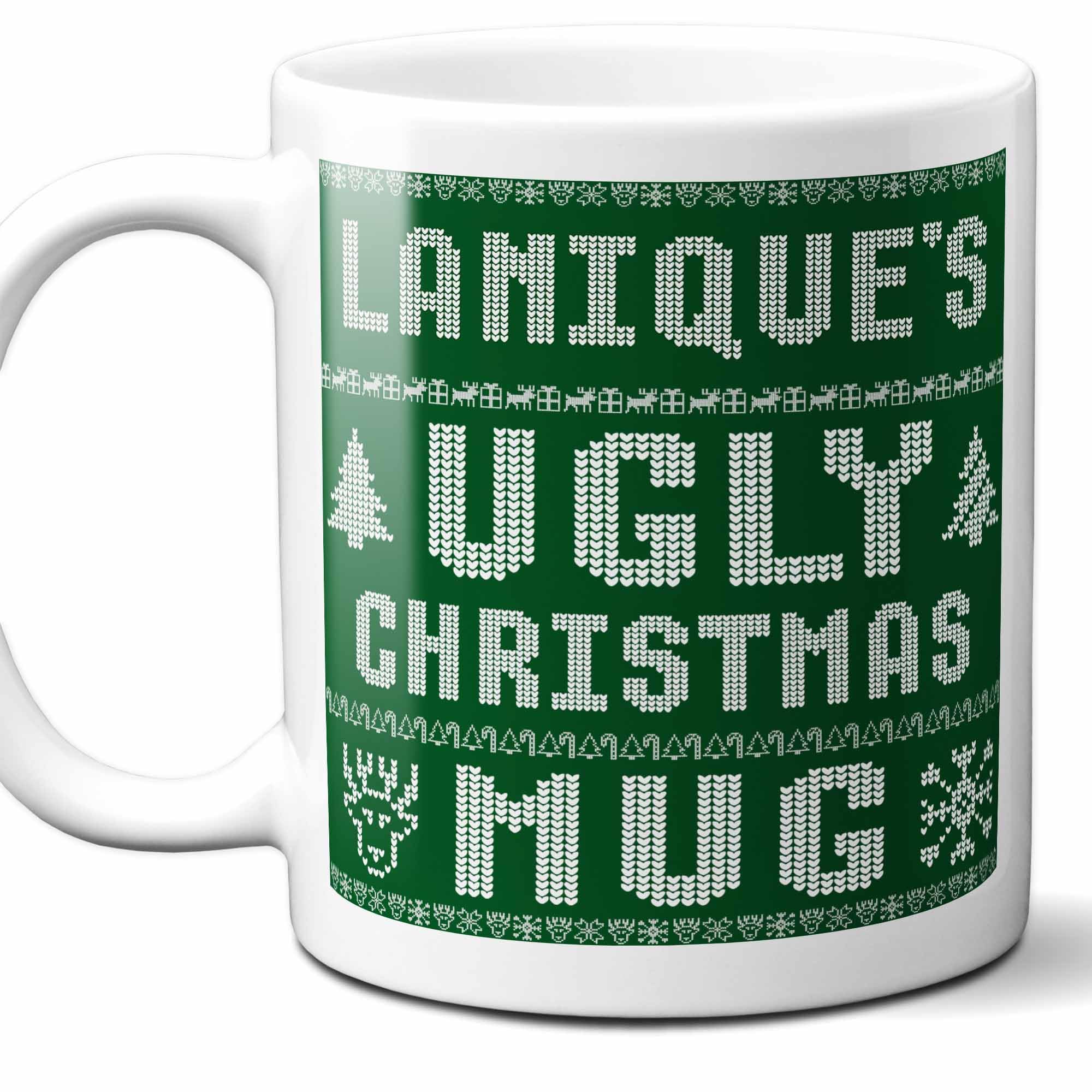 Lanique Name Christmas Gift. Personalized Ugly Christmas Sweater Coffee Mug. Funny Custom Xmas Gift, Stocking Stuffer For Friends, Coworkers And Person Who Has Everything. 11 Ounces.