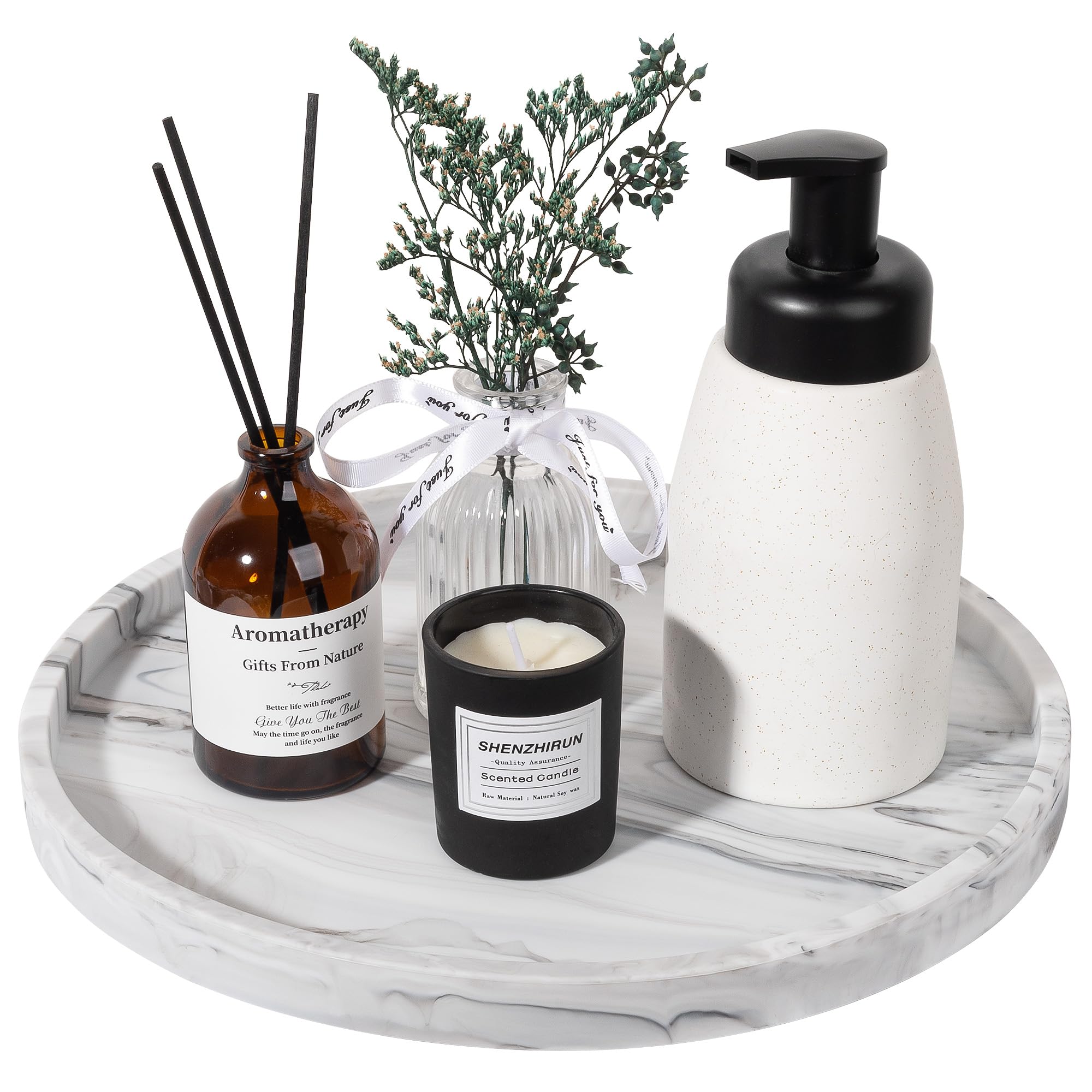 Silicone Bathroom Tray Round Vanity Tray Decorative Soap Holder Kitchen Countertop Organizer Coffee Table Decor for Candle, Perfume, Plant, 11 Inch, Marble Grey