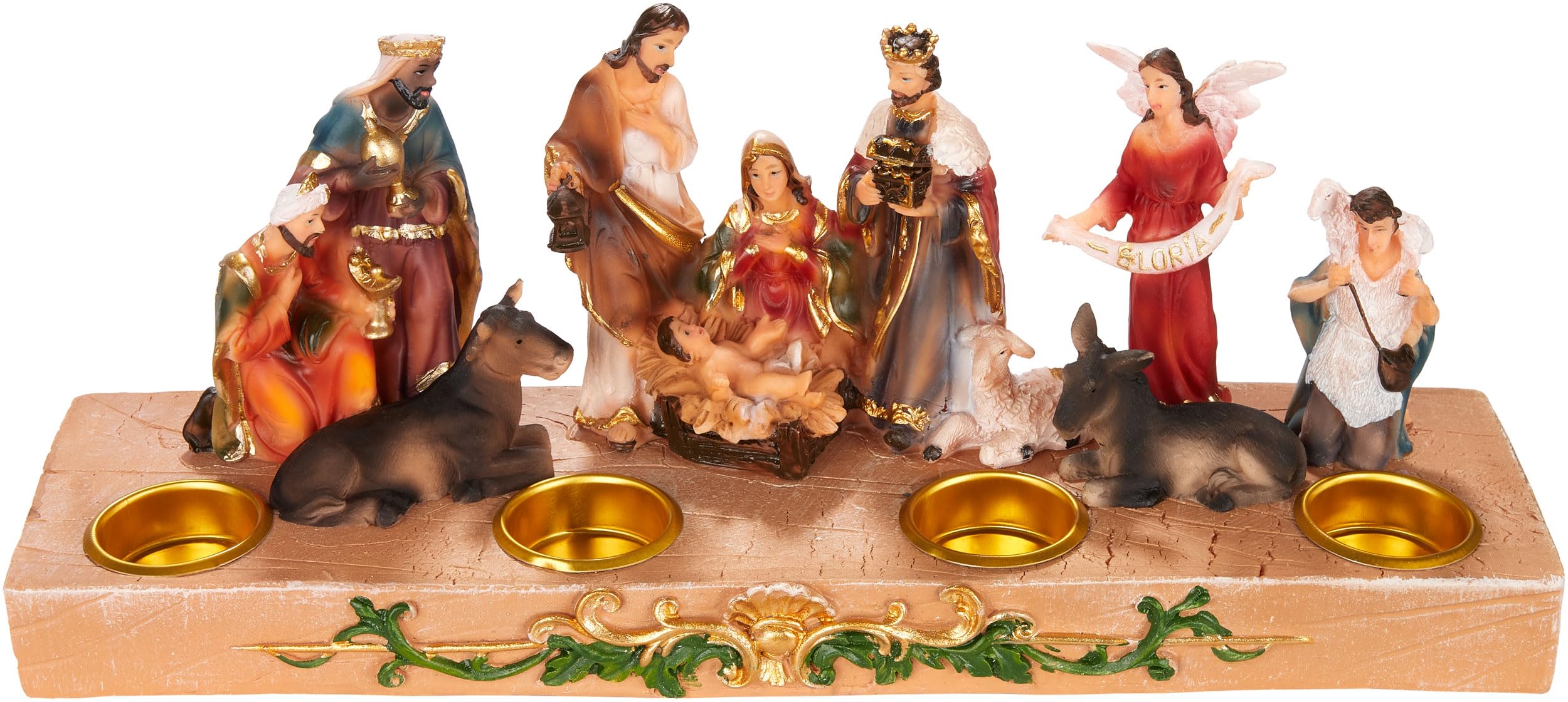 BRUBAKER Krippenfigur Kerzenhalter - Weihnachtskrippe für Kerzen mit 3 cm Ø - 29 cm Tischkrippe Weihnachtsfigur mit handbemalten Figuren Jesus, Maria, Josef und Könige - Adventskerzen Halter