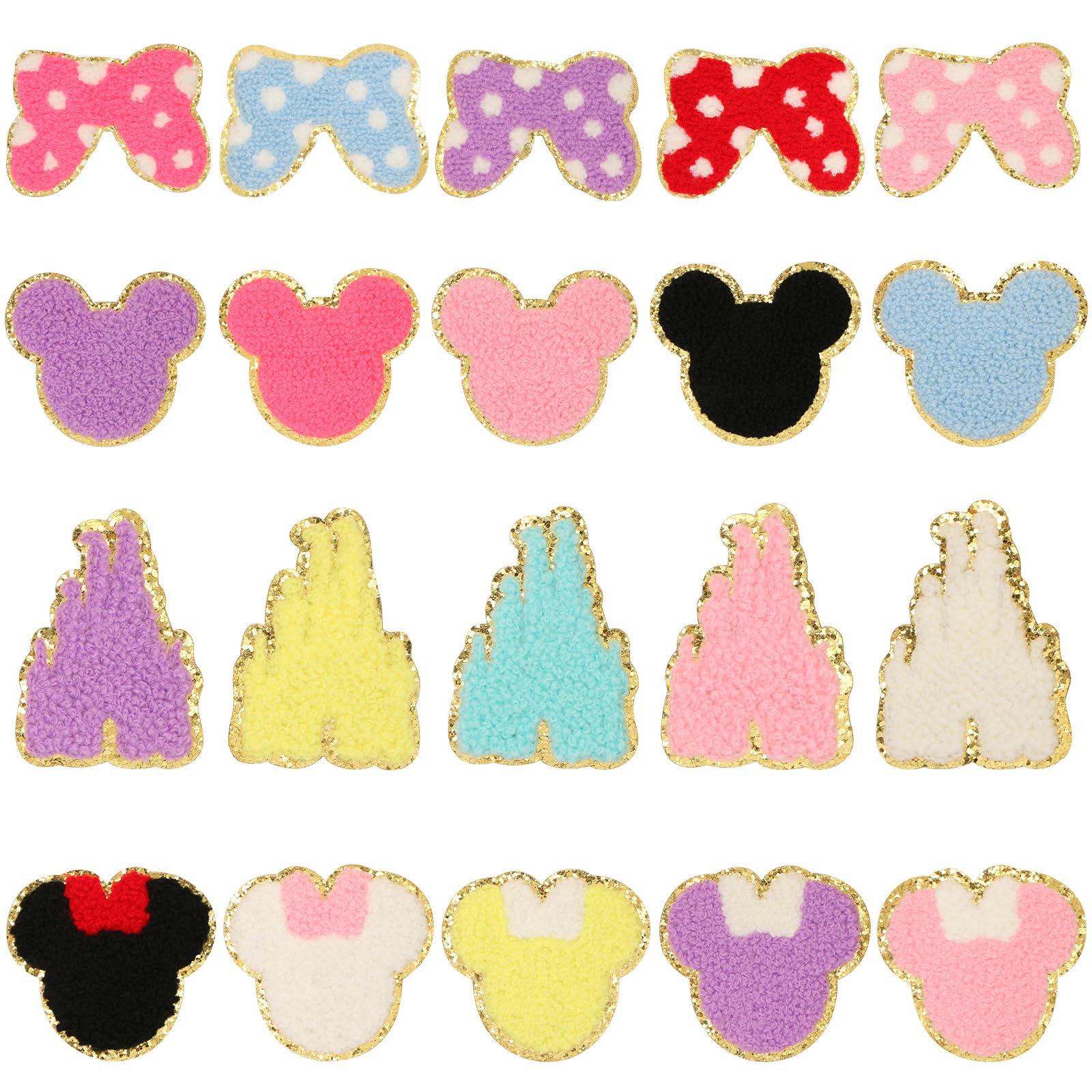 20 Stück Chenille-Flicken zum Aufbügeln, DREMISI niedliche Mausschleifen, Burg, bestickte Flicken für Kinder, bestickte Flicken zum Aufnähen, bestickte Applikation für Kleidung DIY