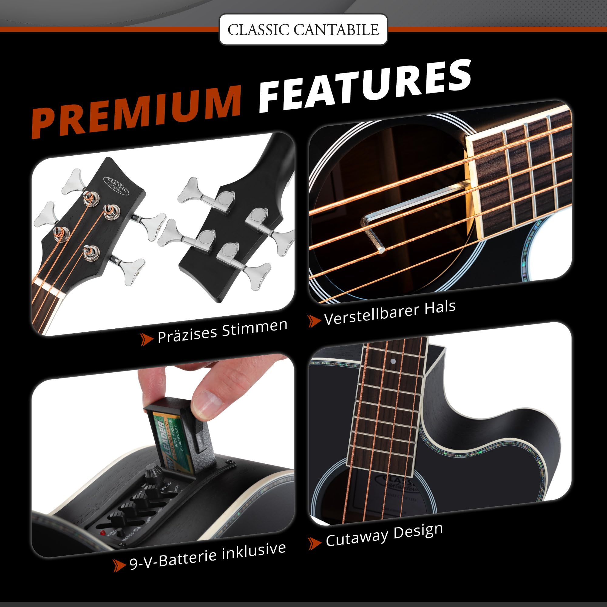 Classic Cantabile Jumbo Akustik Bass mit Tonabnehmer - 4 Saitige Bassgitarre - Jumbo mit Cutaway - Fichtendecke, Mahagoni-Korpus, Mahagoni-Hals, Palisander-Griffbrett - Farbe & Finish in Schwarz Matt
