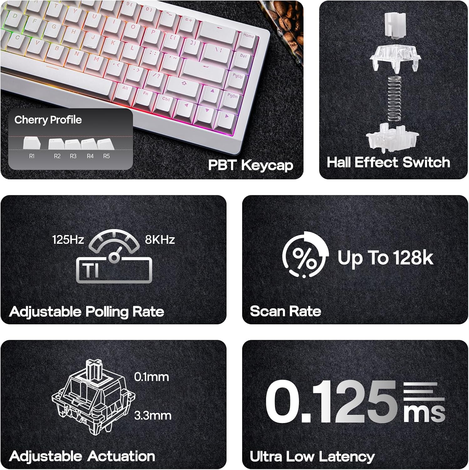 Infographic showing key features: PBT keycaps, Hall Effect switch, adjustable polling rate (125Hz to 8kHz), 128K scan rate, adjustable actuation (0.1mm to 3.3mm), and 0.125ms ultra-low latency