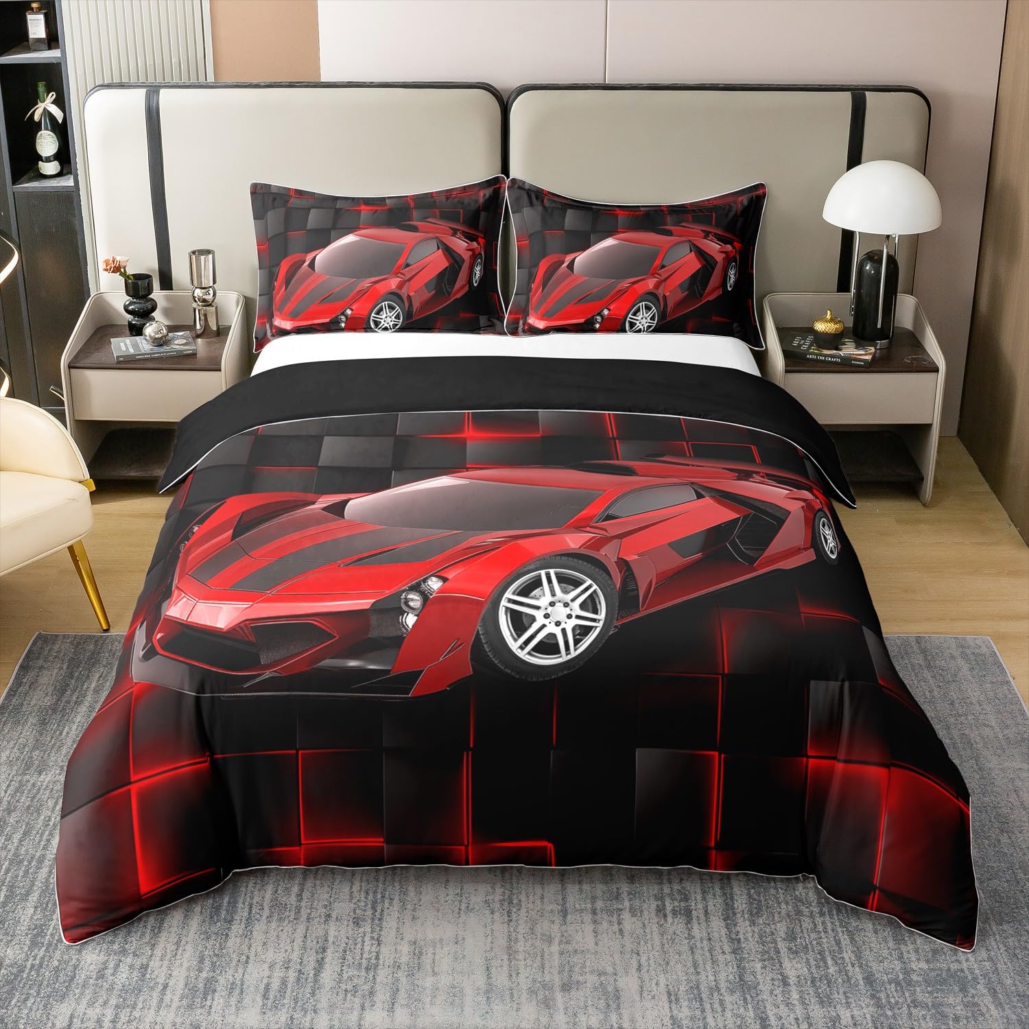 Homemissing Red Race Car Duvet Cover Set 100% Cotton King Speed Sports Car Bedding Set Boys Decor Geometric Honeycomb Comforter Cover Set Extreme Sports Bedspread Cover No Comforter