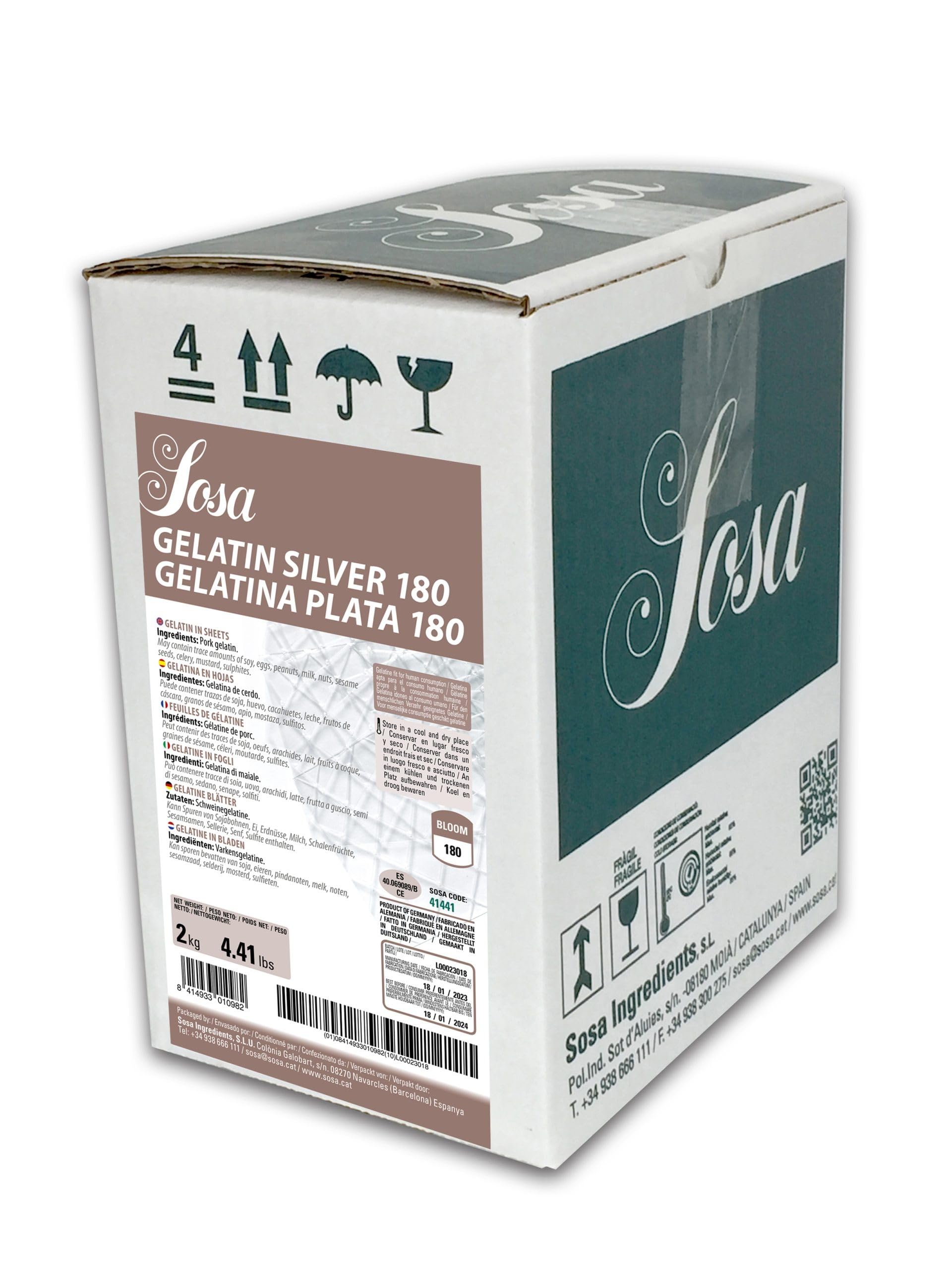 SOSA hojas de gelatina plata 180 bloom - Caja 2 kgs