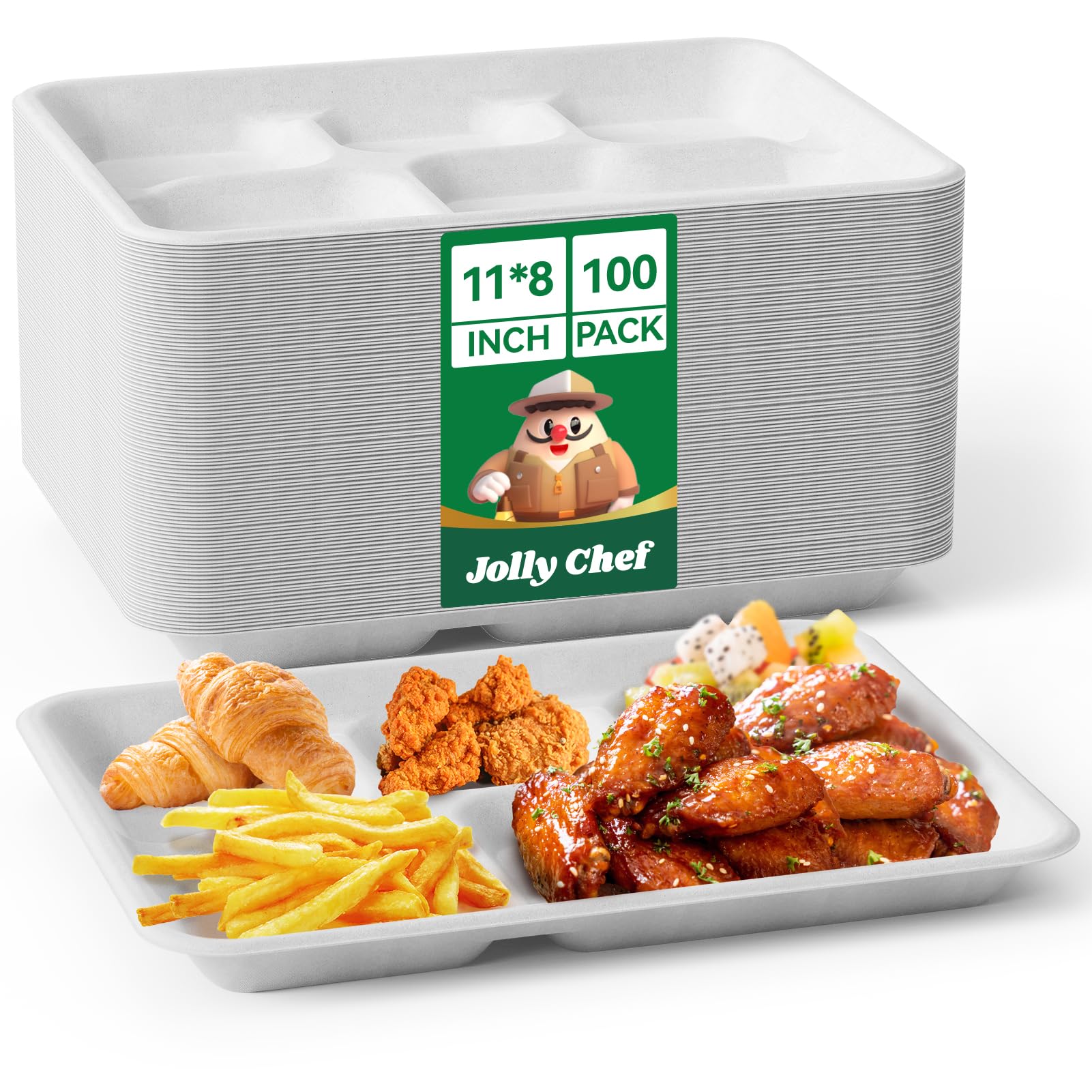 JOLLY CHEF Compostable 𝟱 Compartment Paper Plates 𝟭𝟭 * 𝟴 𝗶𝗻𝗰𝗵 [𝟭𝟬𝟬 𝗣𝗮𝗰𝗸] Heavy Duty White Divided Disposable Plate Eco-Friendly Biodegradable Food Tray for Party Lunch Dinner Christmas