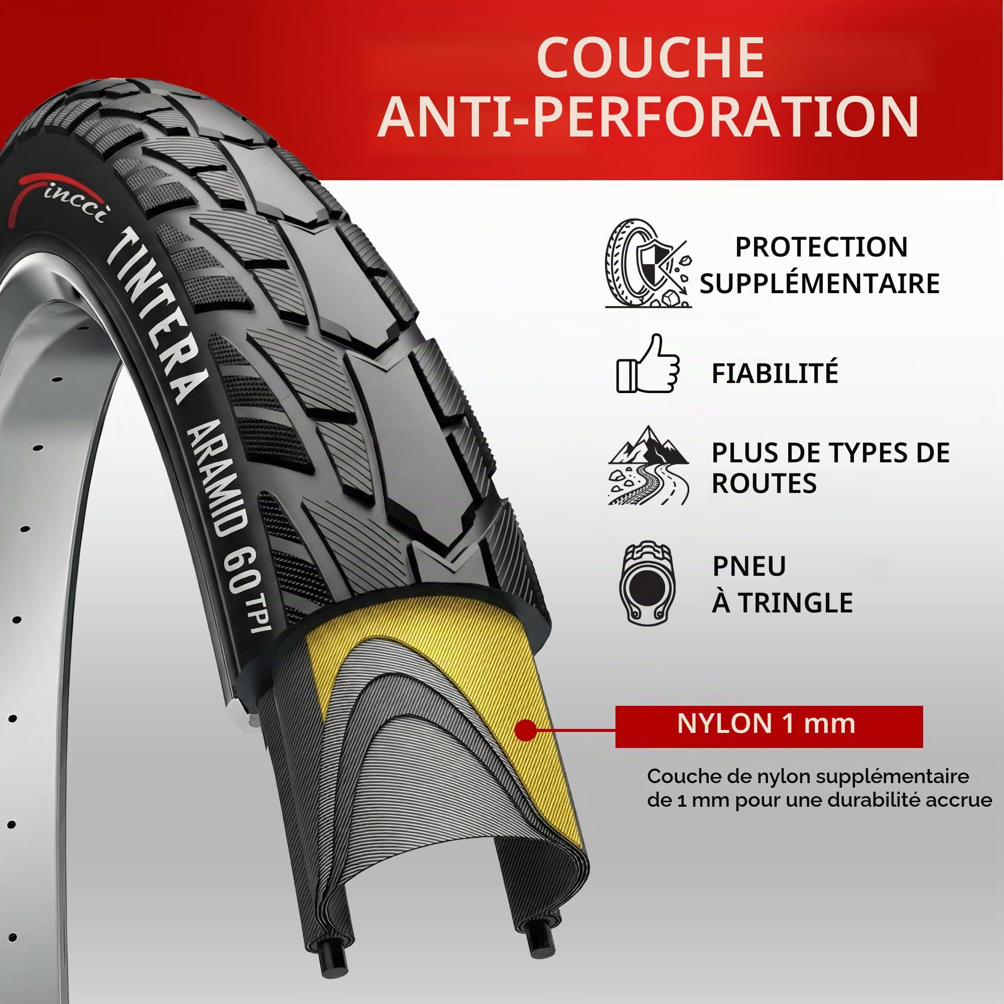 Fincci Pneu 700x45c Gros Crampons 47-622 Pliable avec Protection 60 TPI | Pneu VTC 700x45 avec 60 TPI et Pneu Vélo Anti Crevaison 28 x 1.75 pour une Pression de 40-65 PSI - Lot de 2