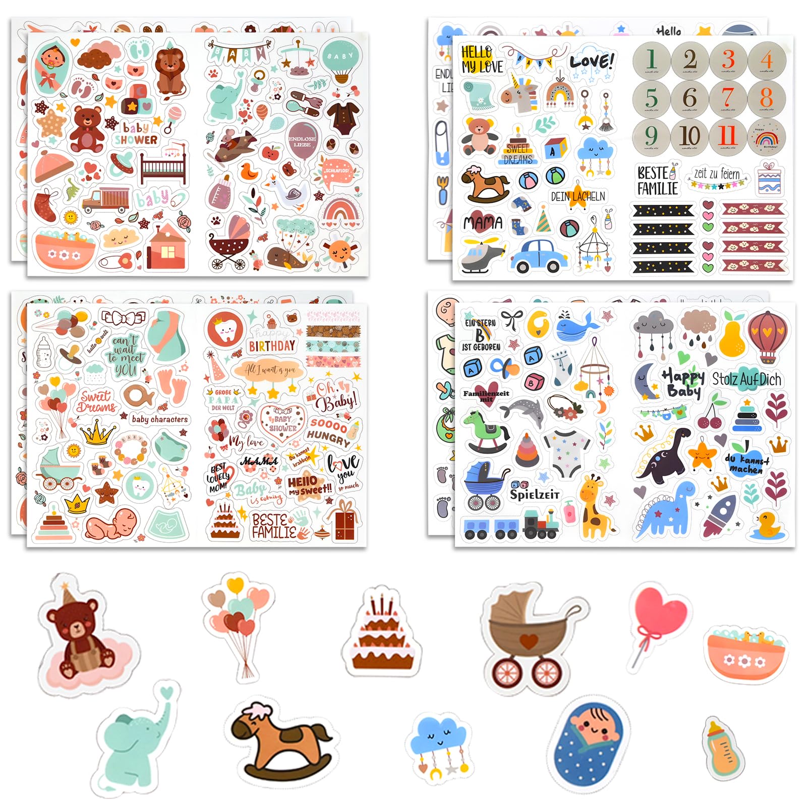 IETWATE 416 Stück Sticker Fotoalbum Baby, A4 Sticker Baby Fotoalbum, DIY Stickers Babyalbum, Selbstklebende Deko Stickers für Fotoalbums Kinder, für Geschenke zur Geburt Babyshower Geschenk (8 Blatt)