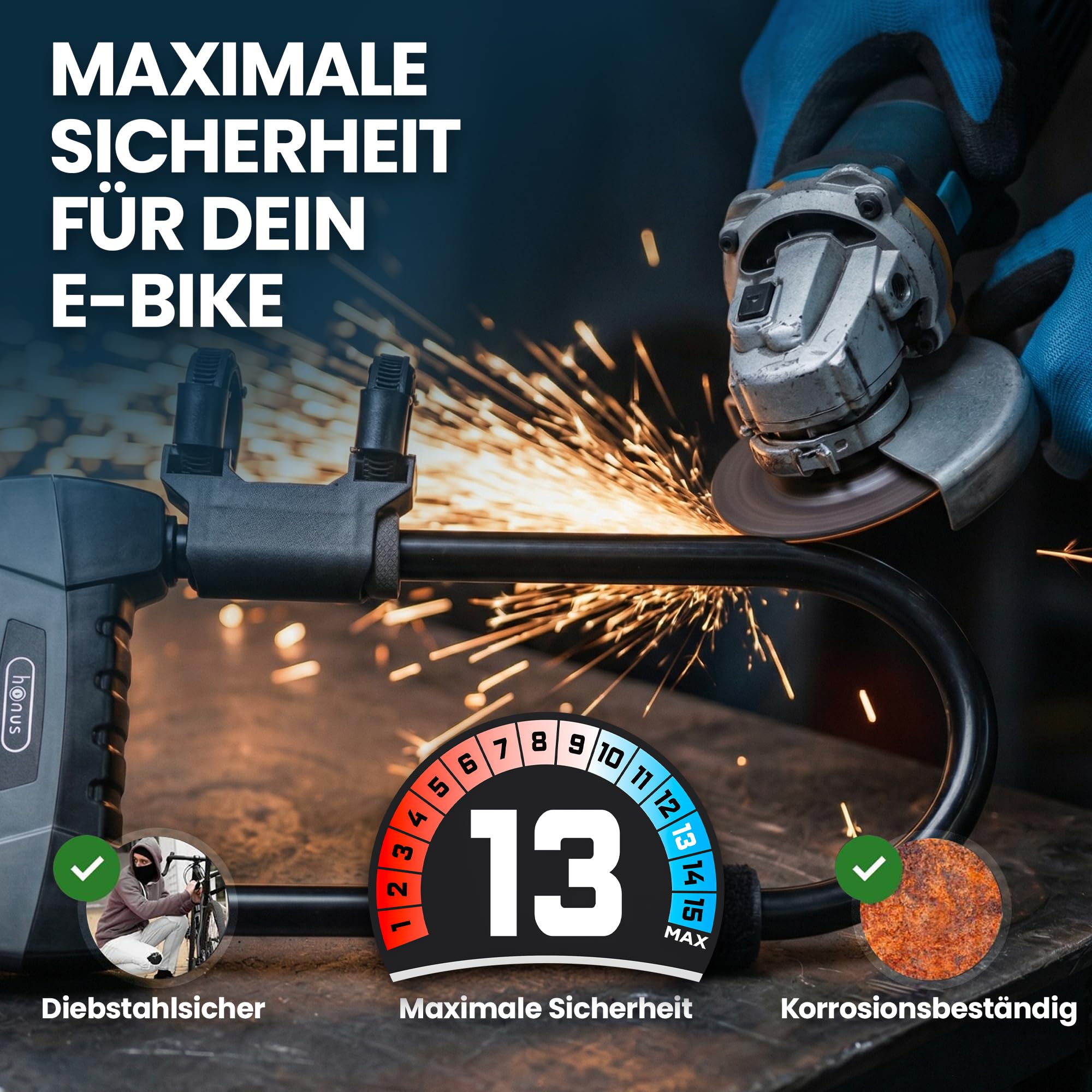 HONUS Bügelschloss E Bike - Fahrradschloss E-Bike DEFENSE PRO Sicherheit | Speziell für E-Bikes - Hohe Sicherheitsstufe - Mit Schlüssel - Robust & Wetterfest - Designed in Germany - Diebstahlschutz