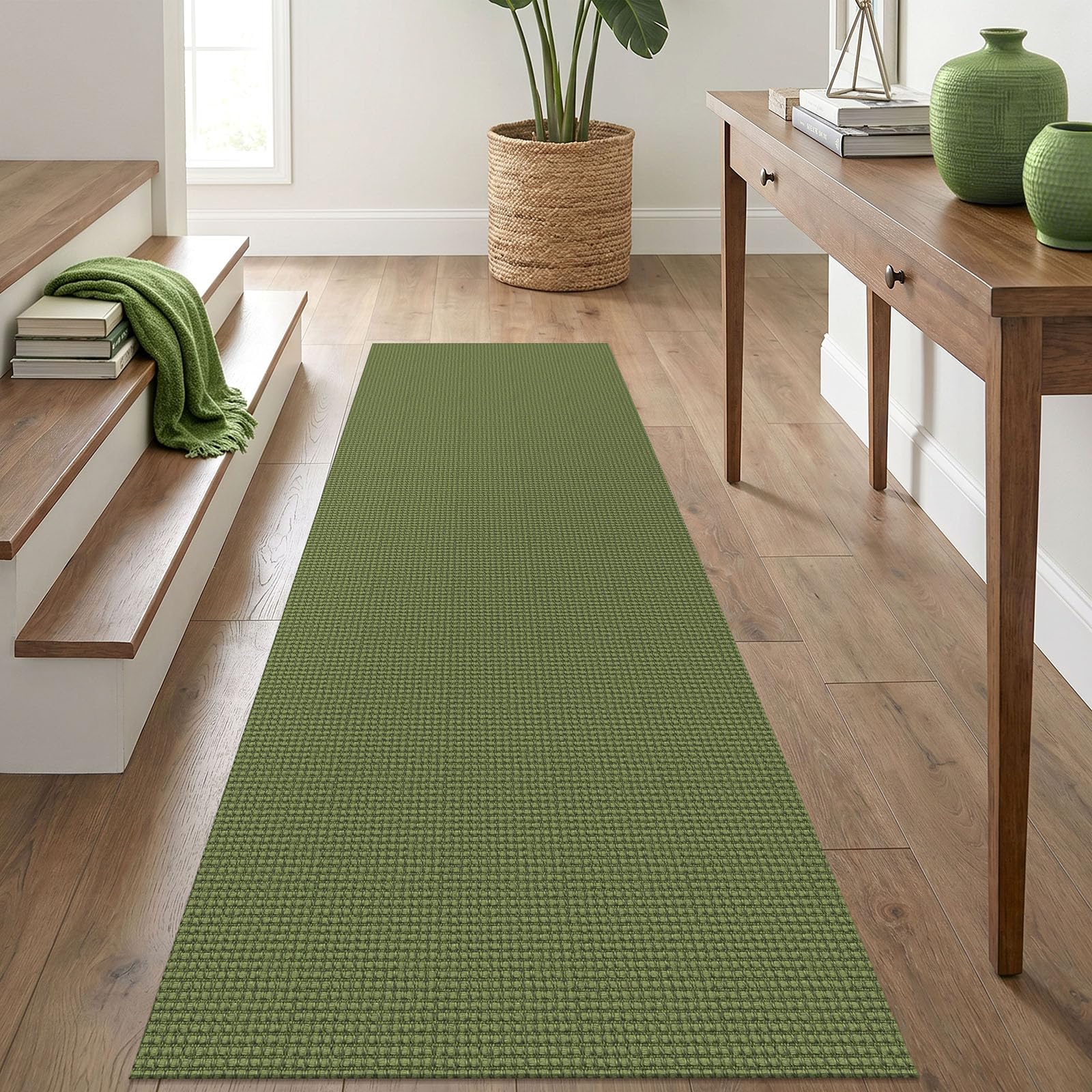 IOHOUZE Washable Runner Rug 2.6x8 Non Slip Rubber Backed Wide Hallway Runner Entryway Runner Indoor, Kitchen Rugs Woven Cotton Floor Carpet for Hall Entrance Bedroom, Olive Green/Earthy Green