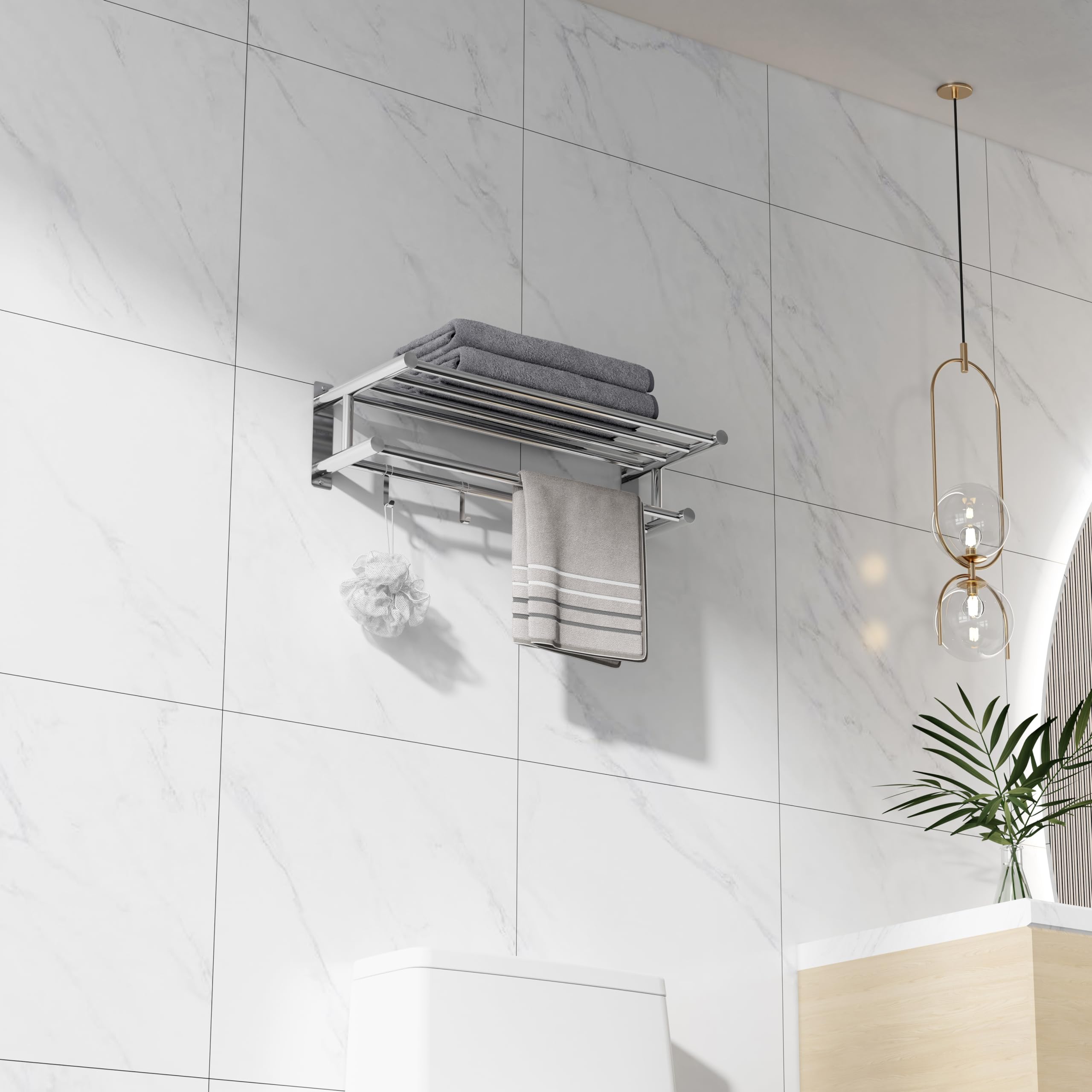Eridanus Estante de Toallas, Toallero Doble de Acero Inoxidable SUS304 de Pared, Estantería de Almacenamiento para Baño con Barras y Ganchos(60x22,5x16cm)