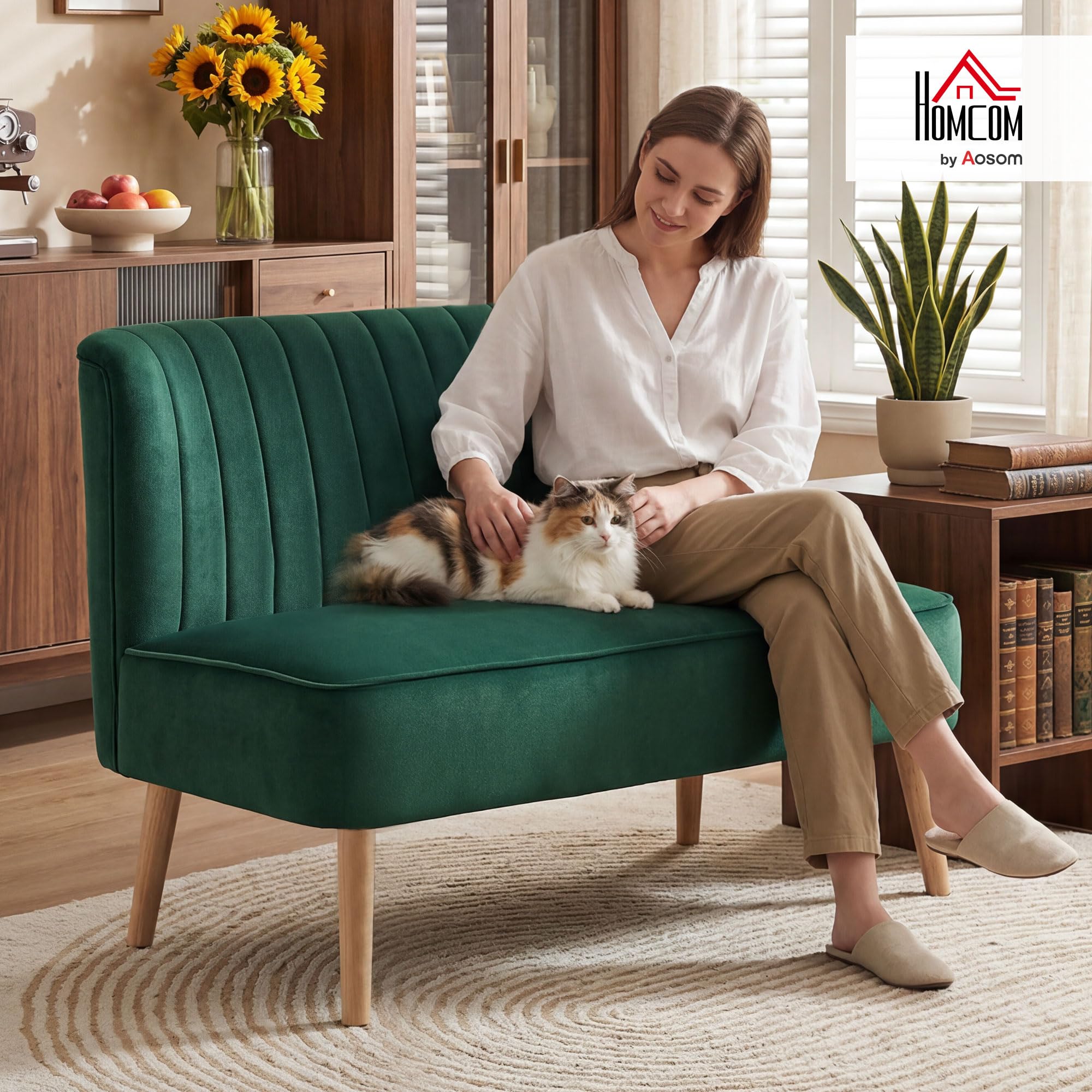 HOMCOM Sofa 2 Sitzer Couch, Kleine Loveseat mit Samt-Optik Modern Polstersofa für Wohnzimmer, Schlafzimmer, kleinen Raum, Dunkelgrün 117 x 56,5 x 77 cm