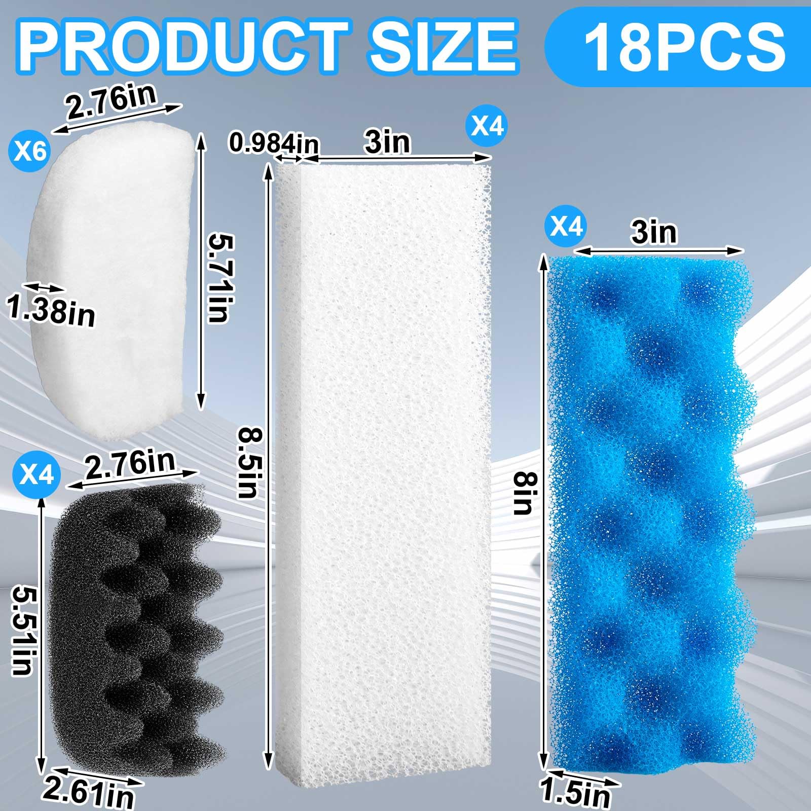 Threlaco Lot de 18 éponges compatibles avec les filtres d'aquarium 206/207, y compris tampon en mousse, tampon de polissage à l'eau Quick-Clear, mousse Max, pour média filtrant de rechange (classique)