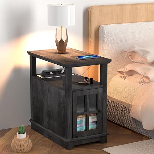 Miniatura 3 de Mesa auxiliar, mesas auxiliares para sala de estar, mesas auxiliares de almacenamiento, mesa auxiliar con estación de carga, mesita de noche de