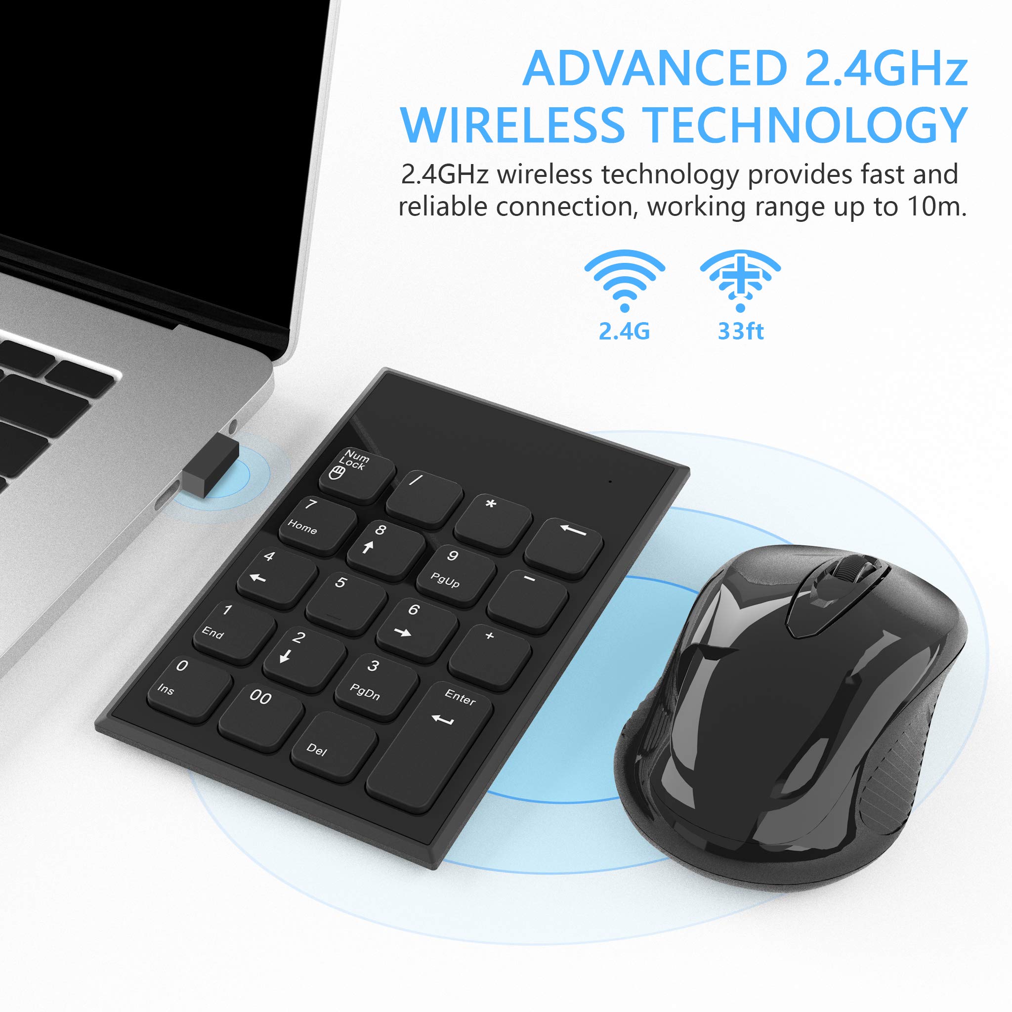 Pave Numerique sans Fil et Souris Combo, Yeemie Pro 2.4G Portable Clavier Numérique USB Ultra Fin et Souris pour Ordinateur Portable, Ordinateur de Bureau, Ordinateur PC - Un Seul Récepteur USB